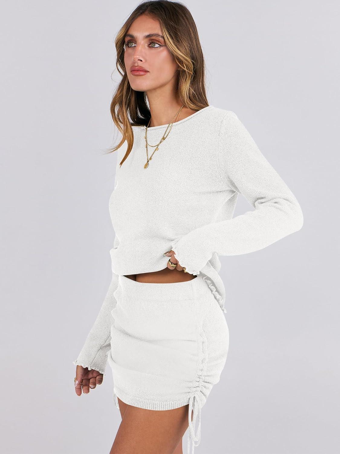 imageANRABESS Women Long Sleeve Skirt Sets 2025 Fall Sweater Lounge Sets 2 Piece Beach Vacation OutfitsWhite