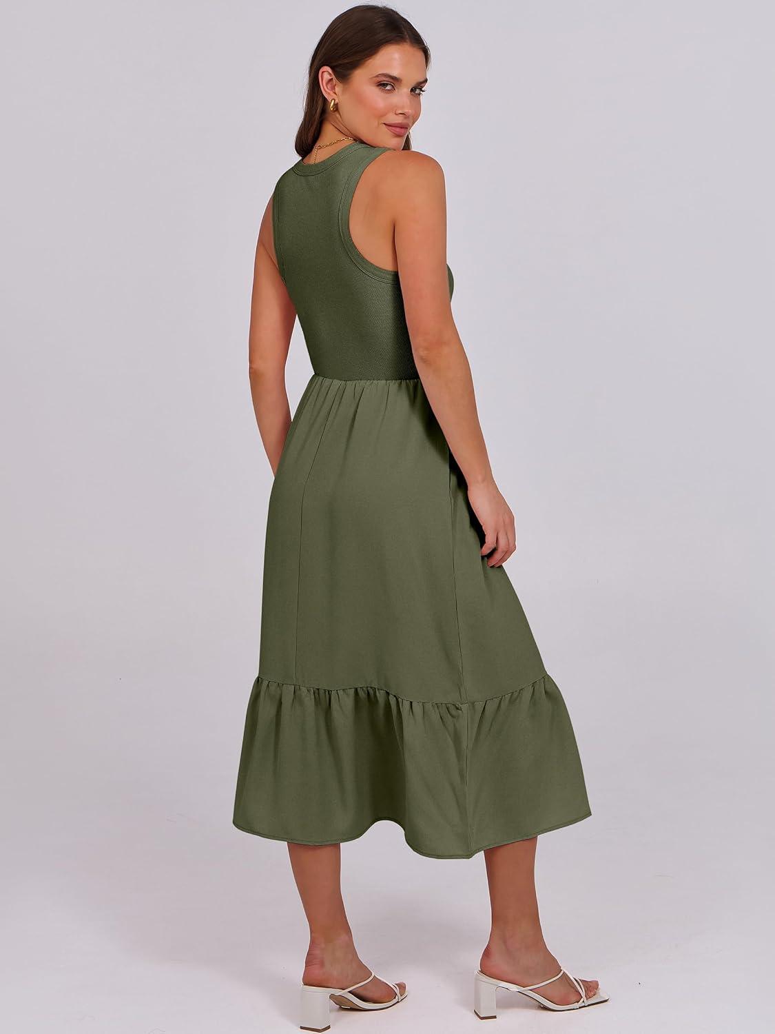 imageANRABESS Women Midi Dresses 2025 Summer Casual Sleeveless Sundress High Neck Tank Top Racerback Flowy Beach Dress  PocketsArmy Green