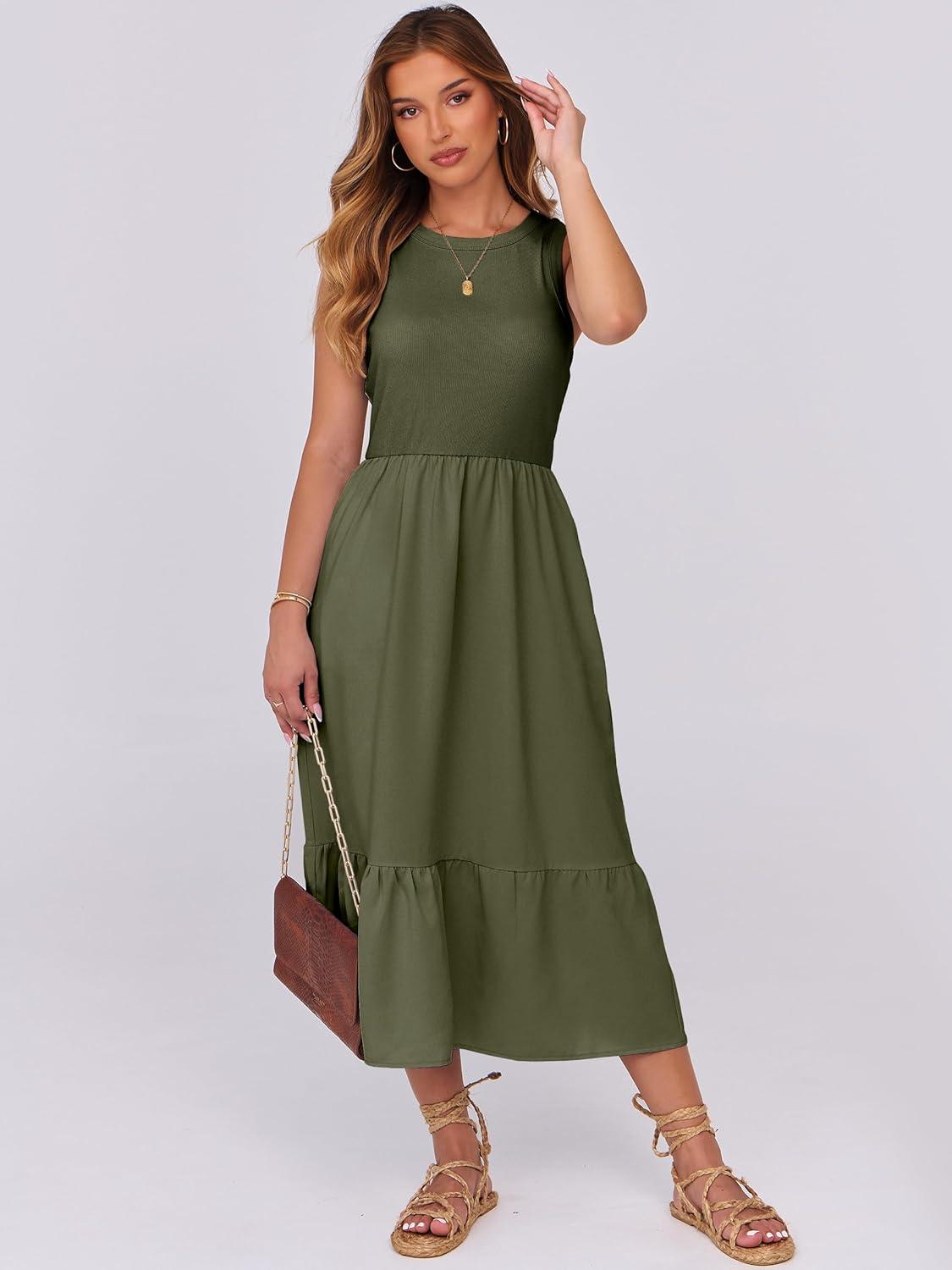imageANRABESS Women Midi Dresses 2025 Summer Casual Sleeveless Sundress High Neck Tank Top Racerback Flowy Beach Dress  PocketsArmy Green