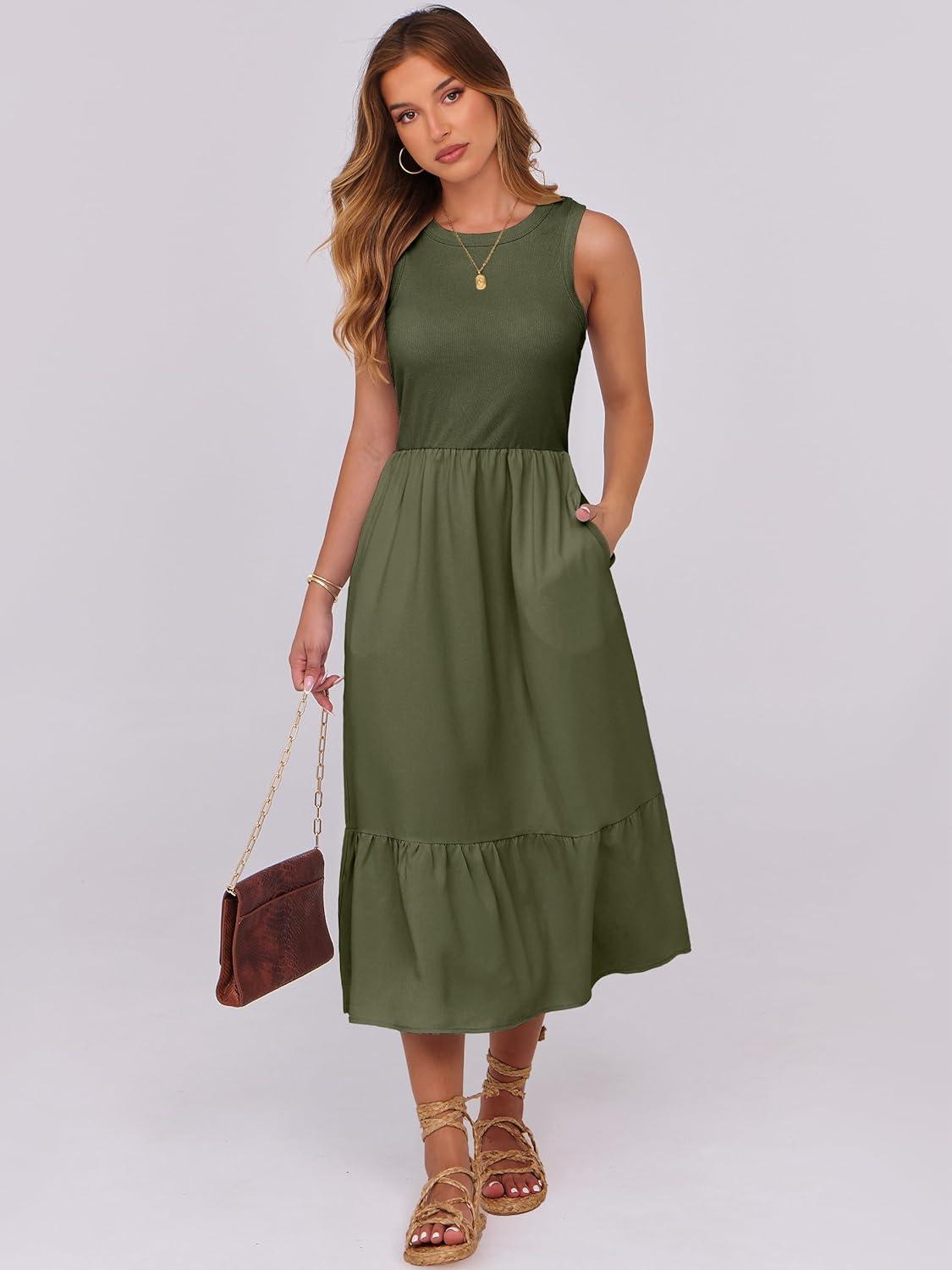 imageANRABESS Women Midi Dresses 2025 Summer Casual Sleeveless Sundress High Neck Tank Top Racerback Flowy Beach Dress  PocketsArmy Green
