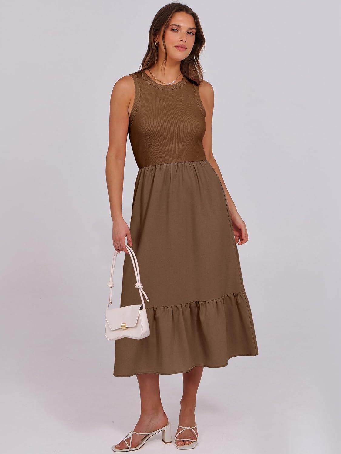 imageANRABESS Women Midi Dresses 2025 Summer Casual Sleeveless Sundress High Neck Tank Top Racerback Flowy Beach Dress  PocketsBrown