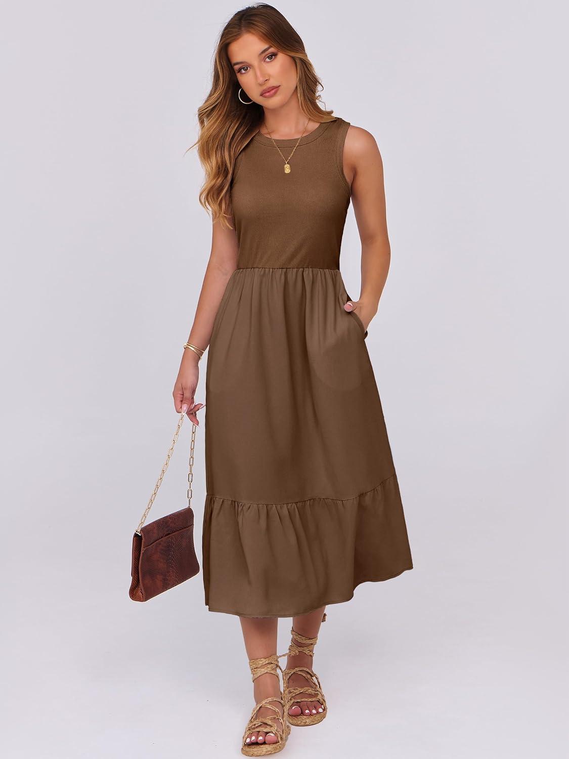 imageANRABESS Women Midi Dresses 2025 Summer Casual Sleeveless Sundress High Neck Tank Top Racerback Flowy Beach Dress  PocketsBrown