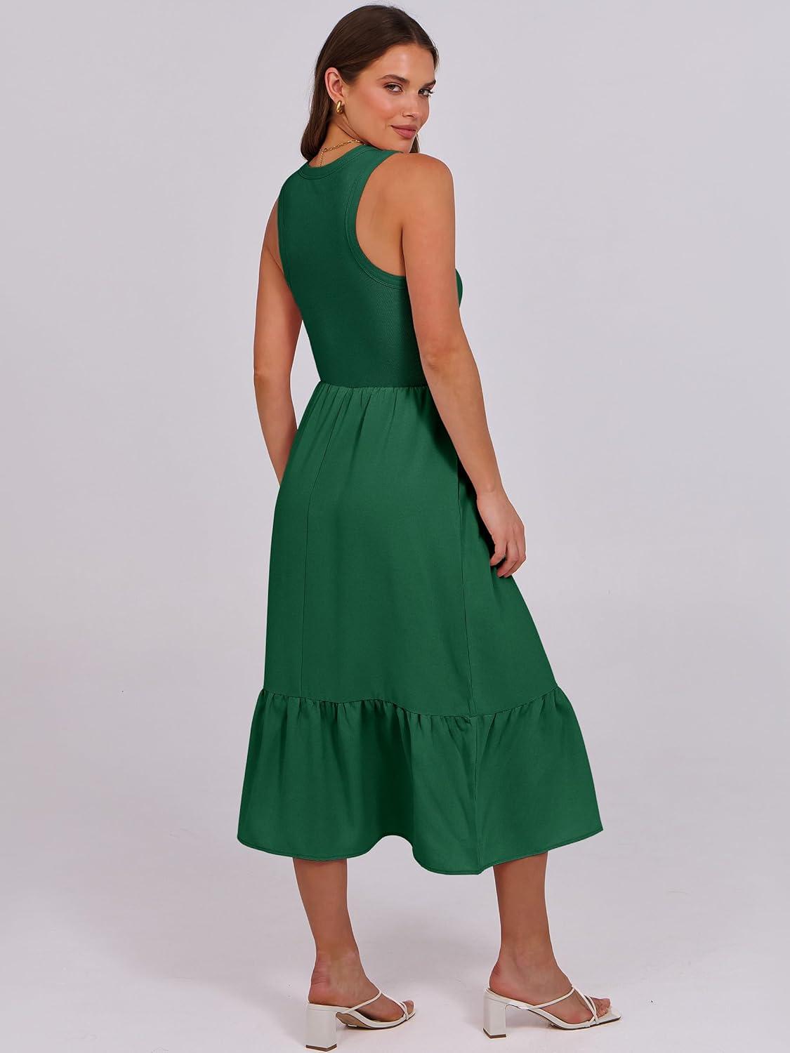 imageANRABESS Women Midi Dresses 2025 Summer Casual Sleeveless Sundress High Neck Tank Top Racerback Flowy Beach Dress  PocketsDark Green