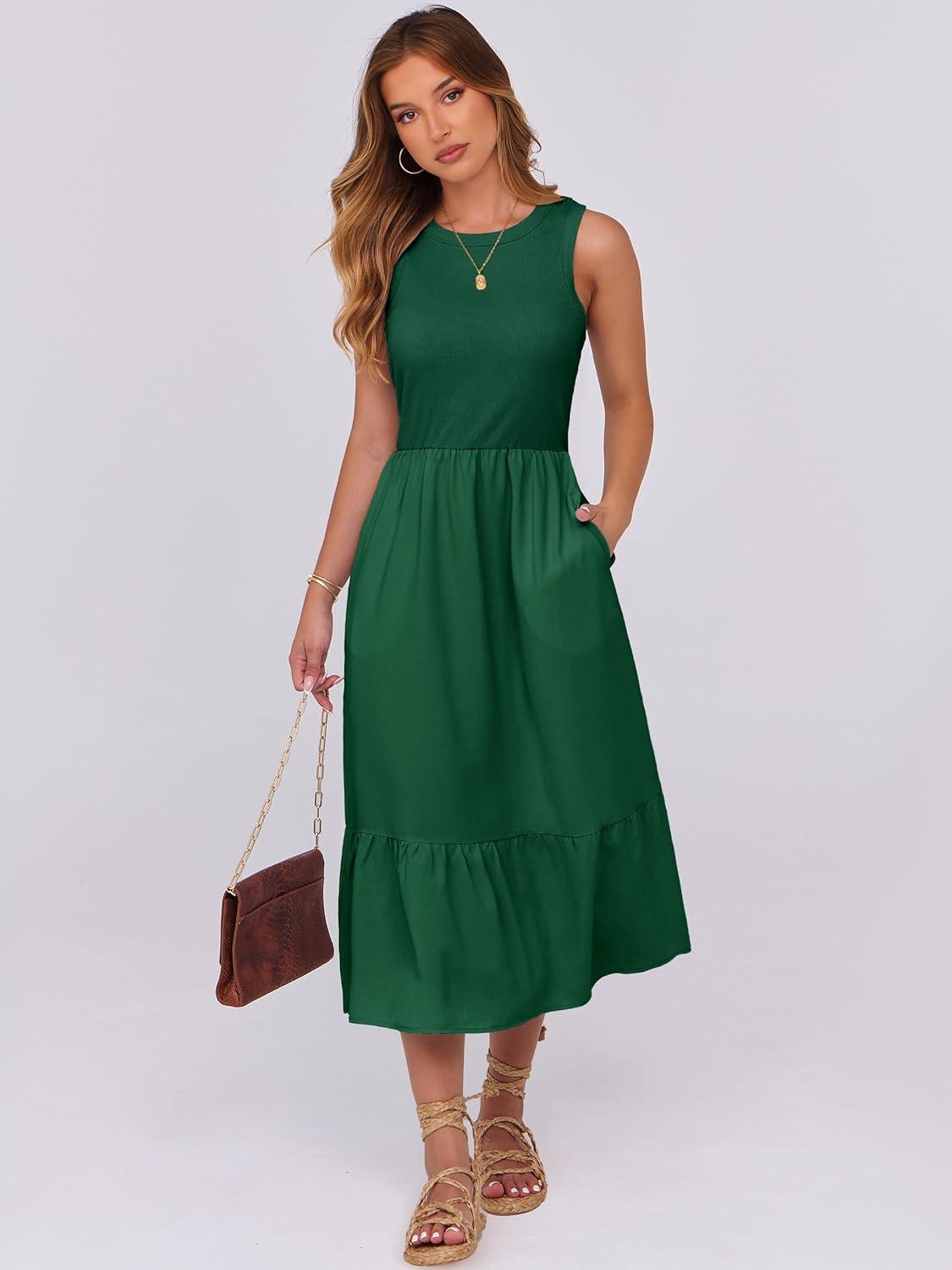 imageANRABESS Women Midi Dresses 2025 Summer Casual Sleeveless Sundress High Neck Tank Top Racerback Flowy Beach Dress  PocketsDark Green