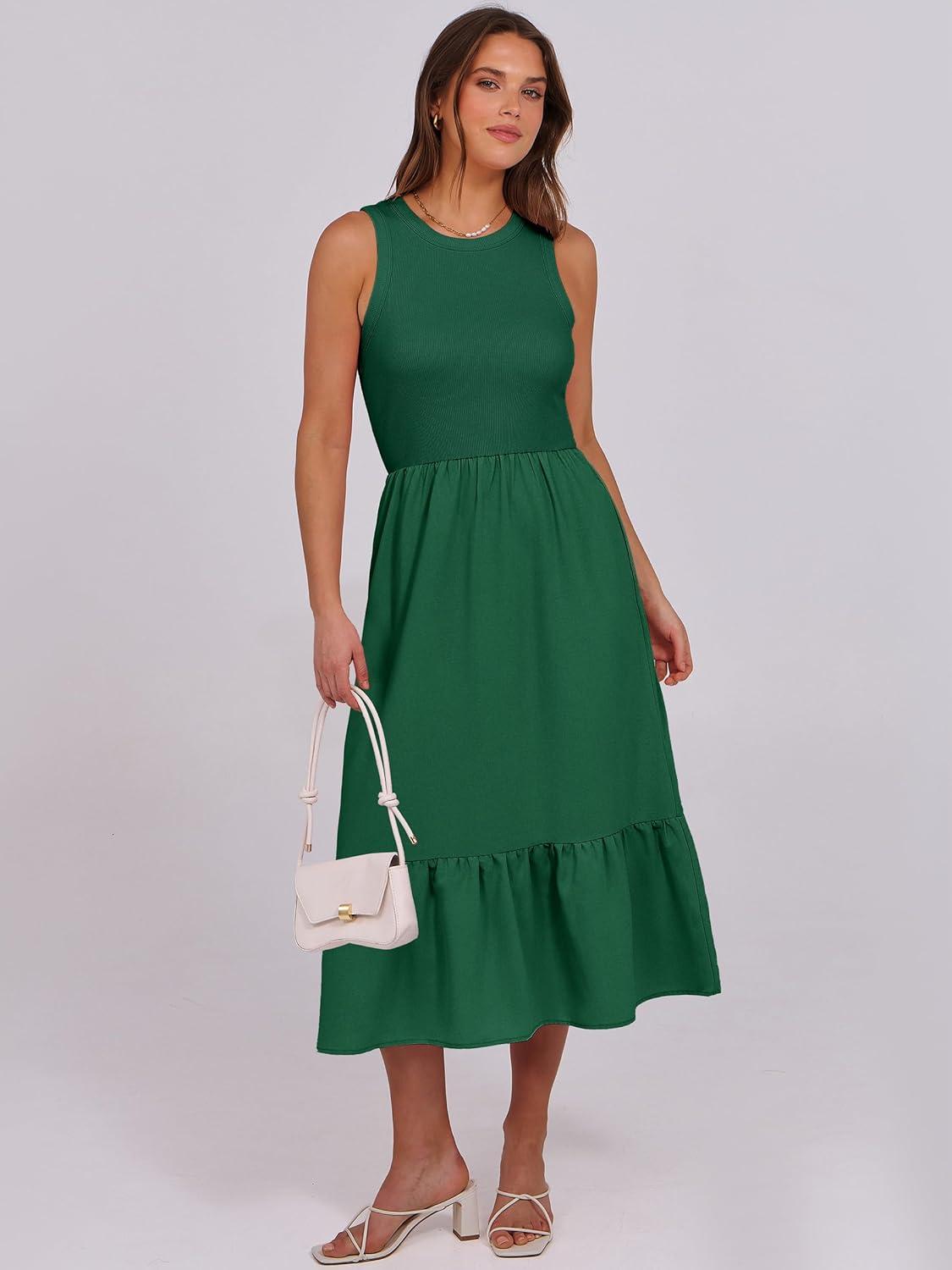 imageANRABESS Women Midi Dresses 2025 Summer Casual Sleeveless Sundress High Neck Tank Top Racerback Flowy Beach Dress  PocketsDark Green