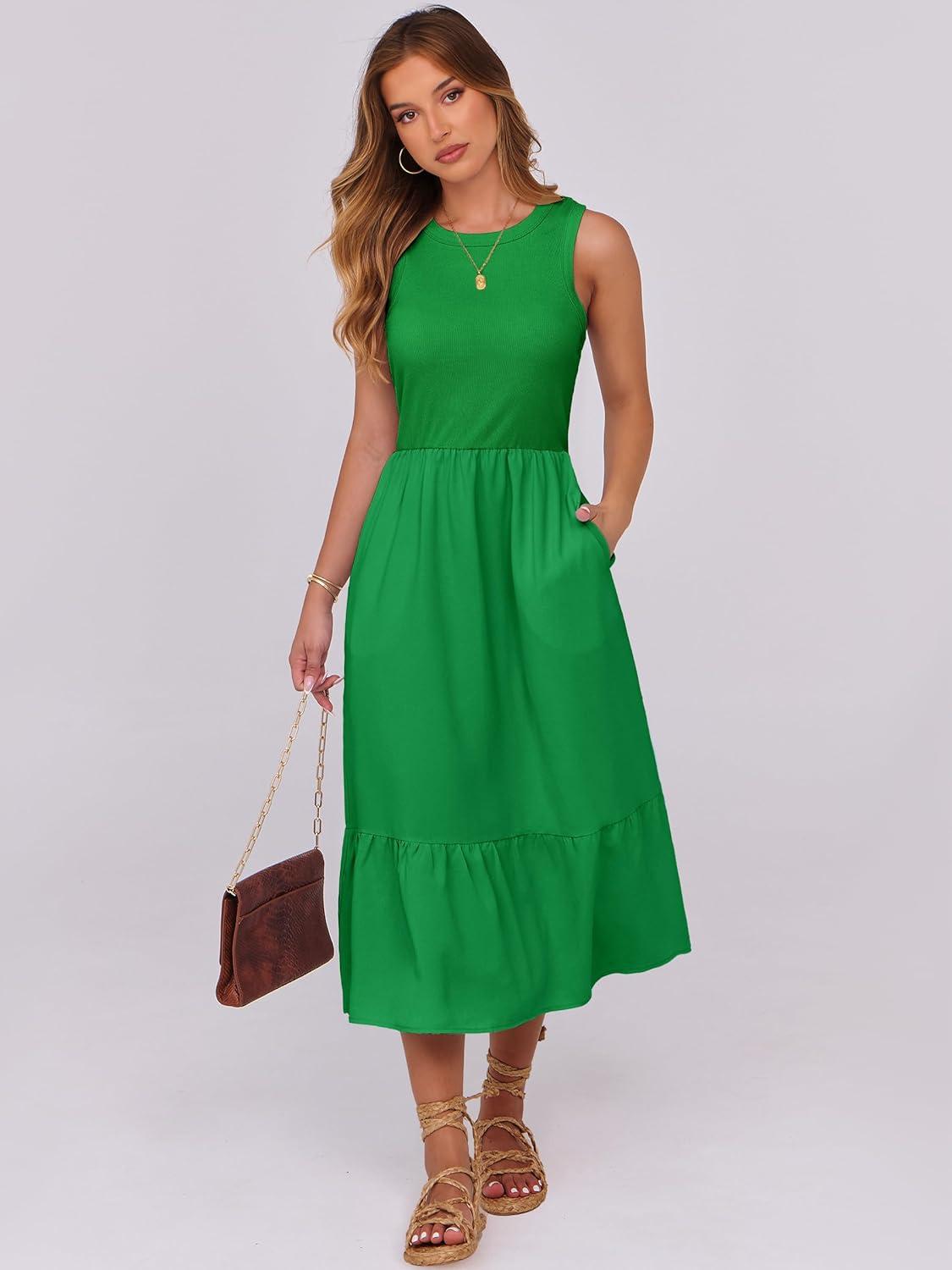 imageANRABESS Women Midi Dresses 2025 Summer Casual Sleeveless Sundress High Neck Tank Top Racerback Flowy Beach Dress  PocketsGreen