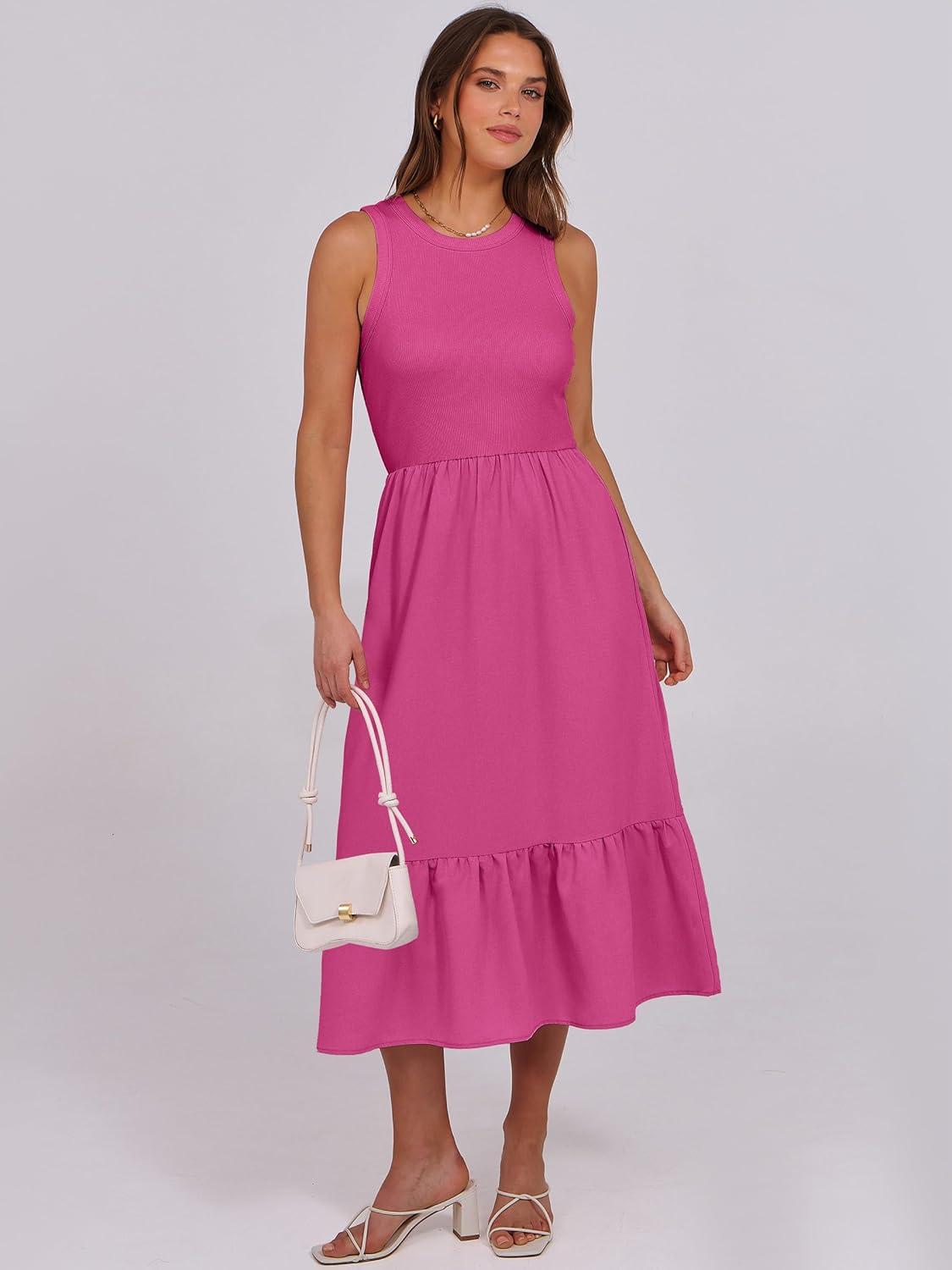 imageANRABESS Women Midi Dresses 2025 Summer Casual Sleeveless Sundress High Neck Tank Top Racerback Flowy Beach Dress  PocketsHot Pink