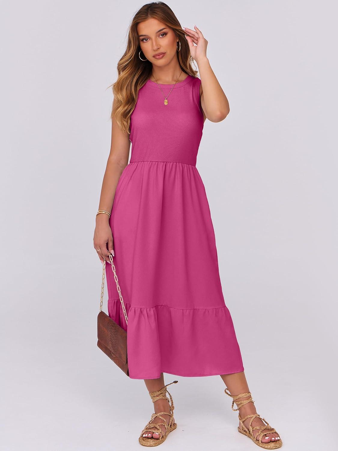 imageANRABESS Women Midi Dresses 2025 Summer Casual Sleeveless Sundress High Neck Tank Top Racerback Flowy Beach Dress  PocketsHot Pink