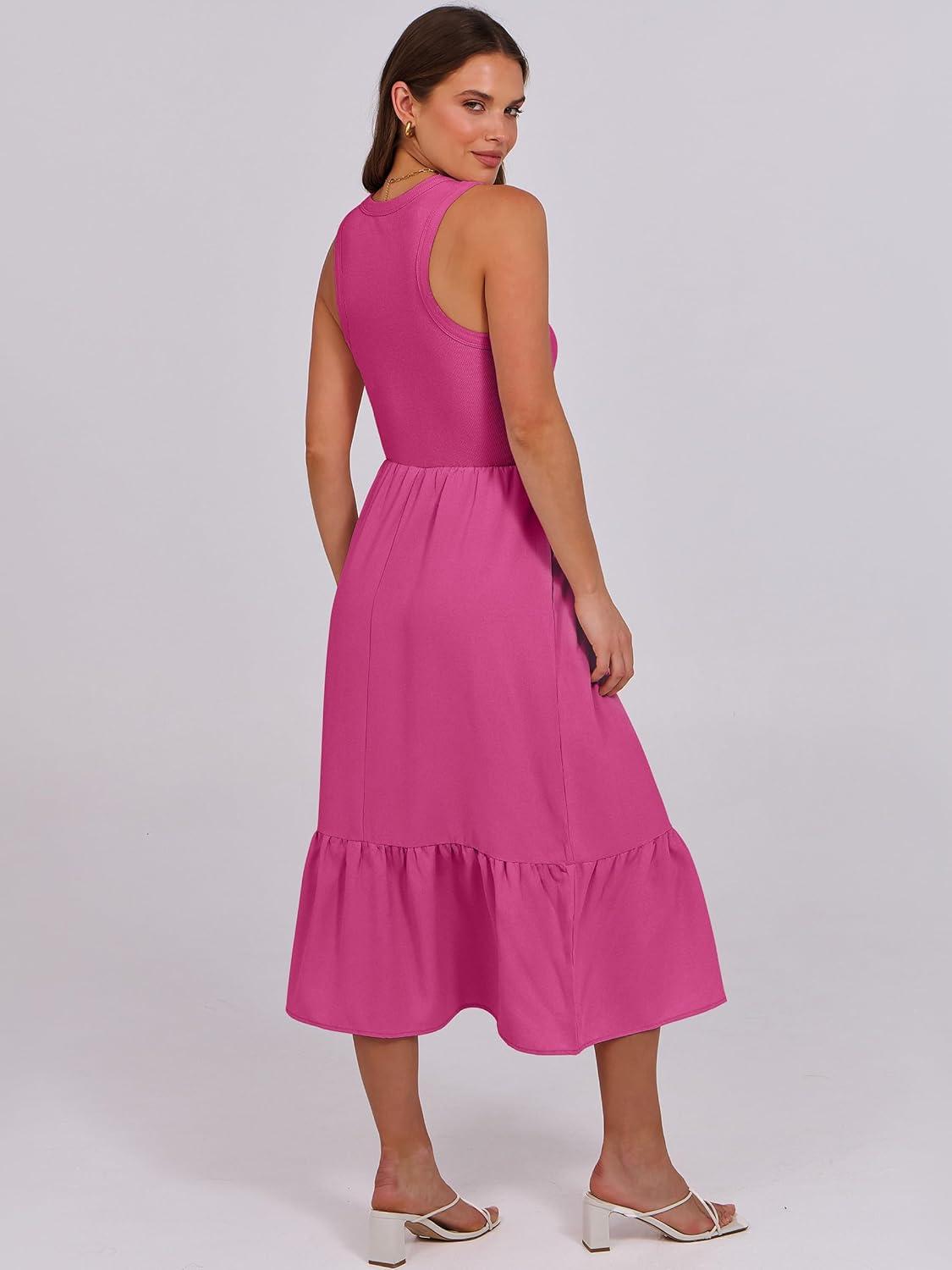 imageANRABESS Women Midi Dresses 2025 Summer Casual Sleeveless Sundress High Neck Tank Top Racerback Flowy Beach Dress  PocketsHot Pink