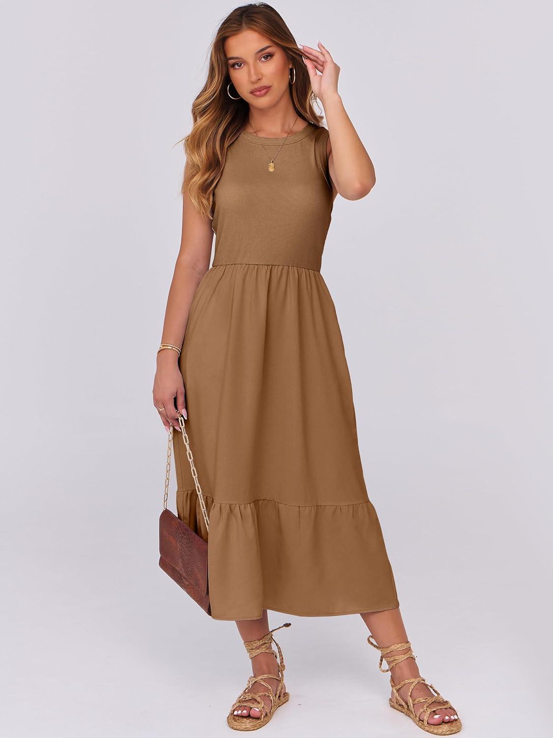 imageANRABESS Women Midi Dresses 2025 Summer Casual Sleeveless Sundress High Neck Tank Top Racerback Flowy Beach Dress  PocketsLight Brown
