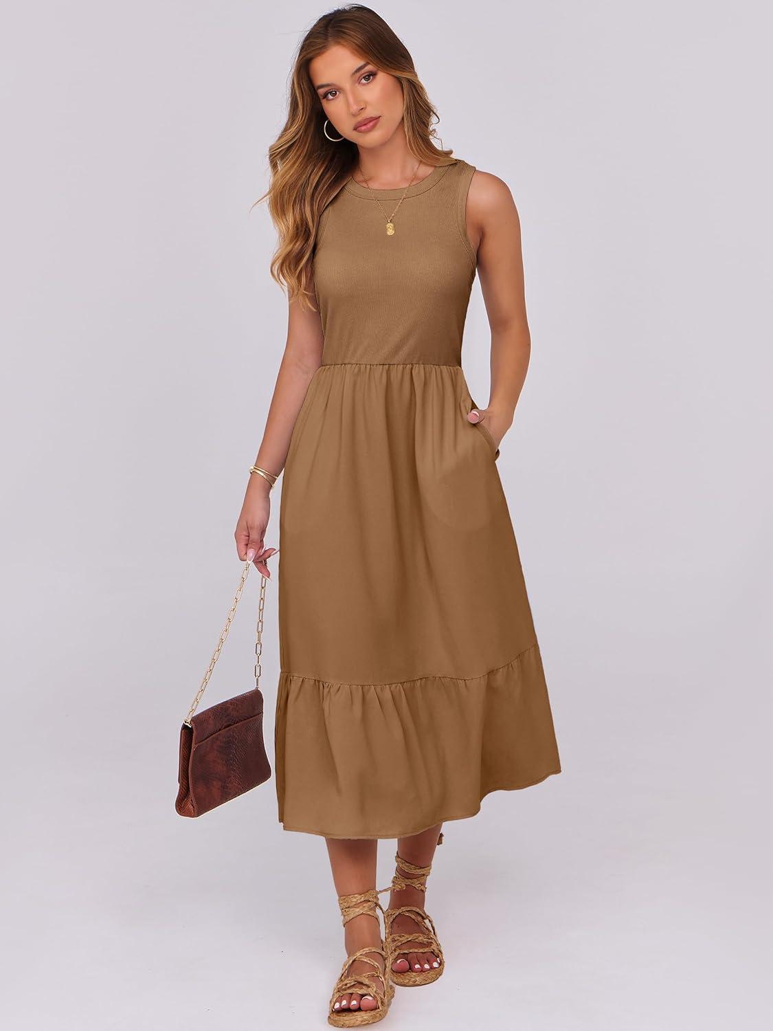 imageANRABESS Women Midi Dresses 2025 Summer Casual Sleeveless Sundress High Neck Tank Top Racerback Flowy Beach Dress  PocketsLight Brown