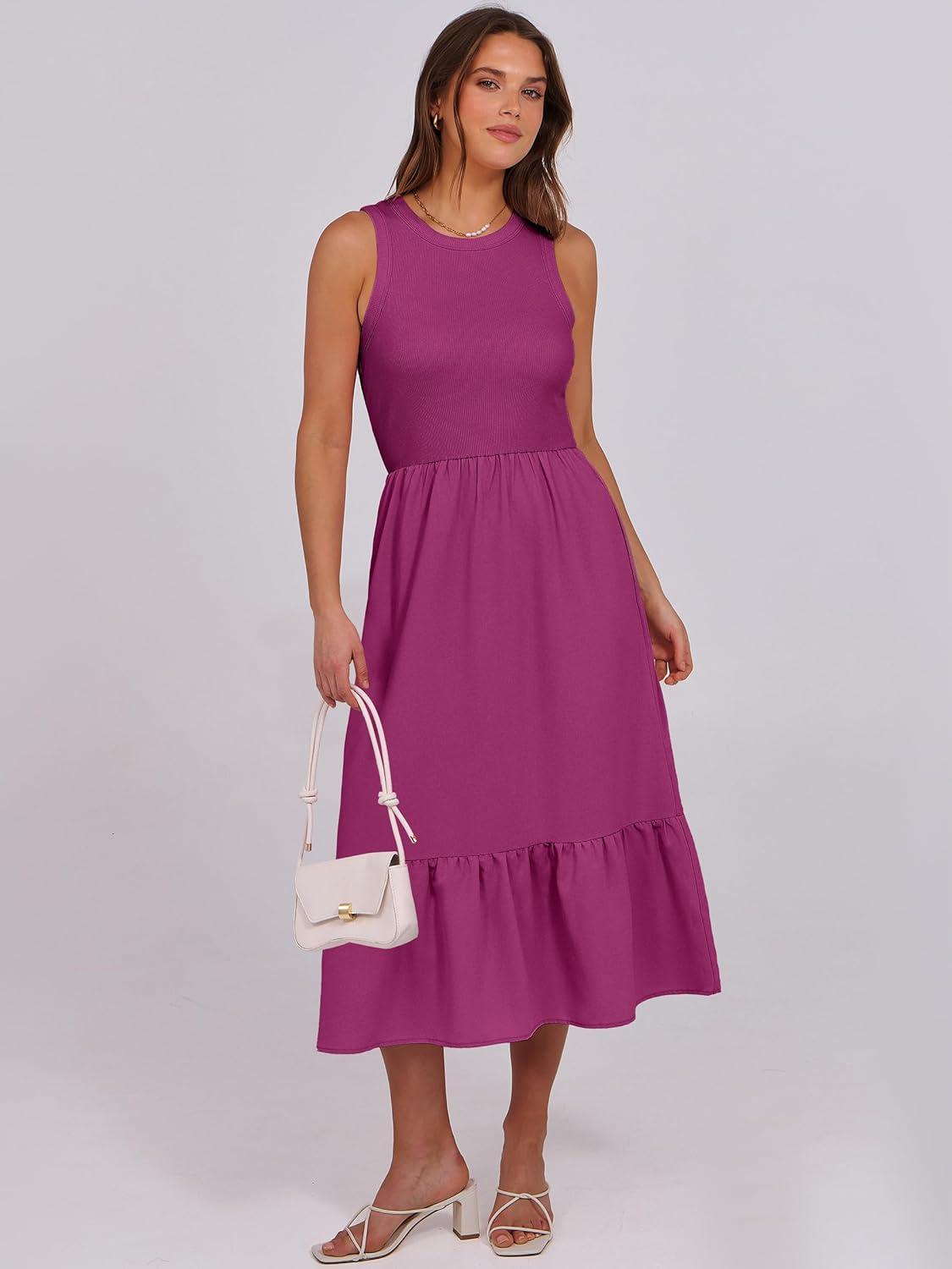 imageANRABESS Women Midi Dresses 2025 Summer Casual Sleeveless Sundress High Neck Tank Top Racerback Flowy Beach Dress  PocketsPurple Red