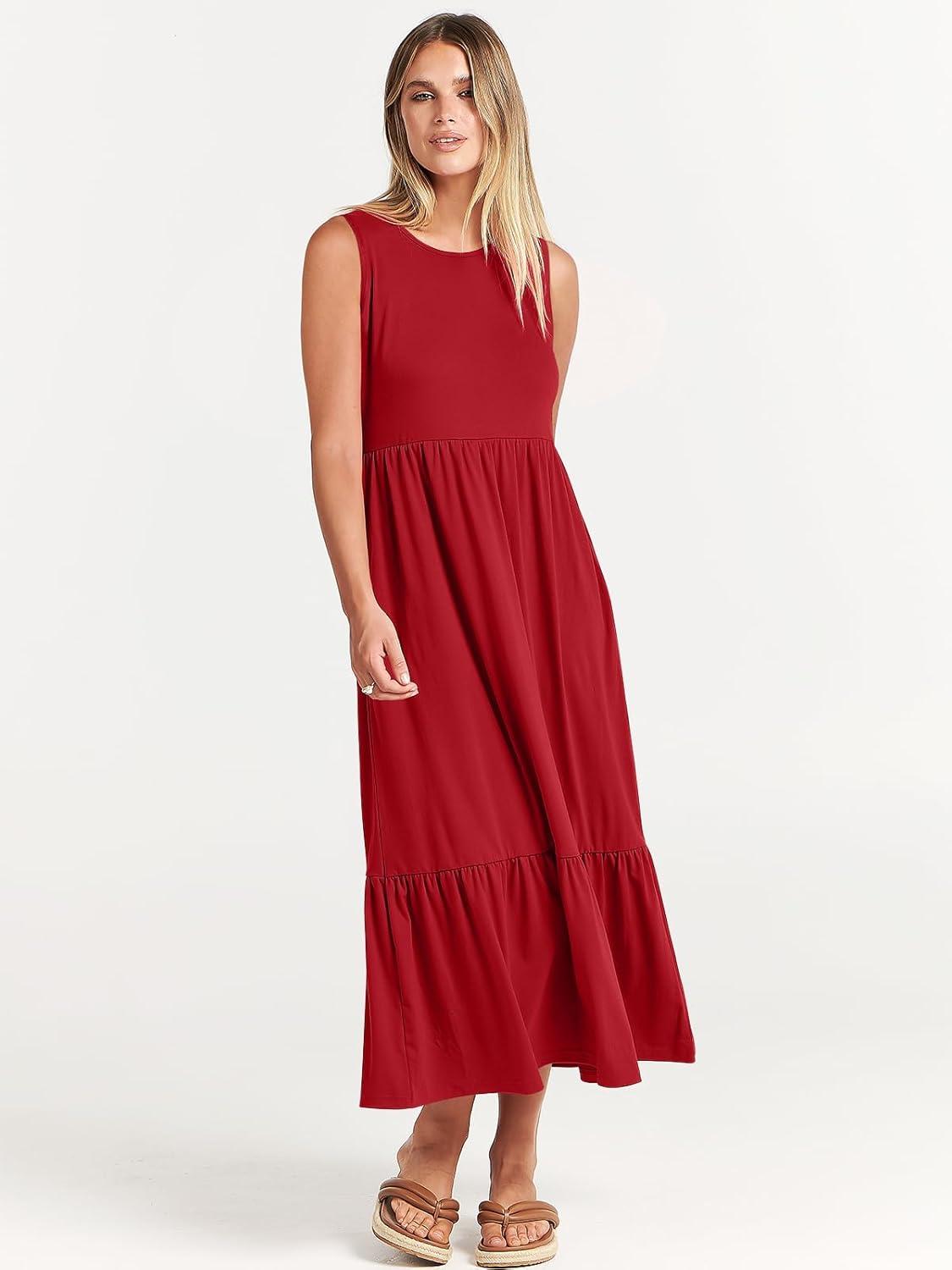 imageANRABESS Women Summer Casual Sleeveless Crewneck Sundress Aline Flowy Tiered Maxi Long Beach Dress Vacation OutfitsBright Red