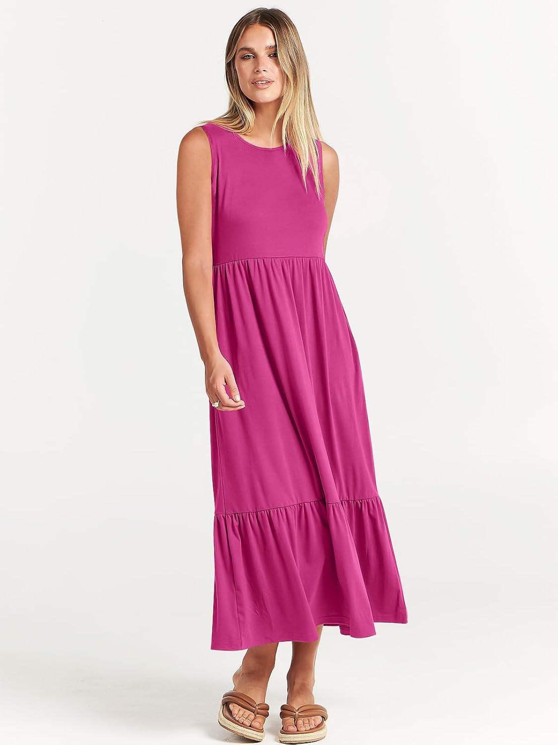 imageANRABESS Women Summer Casual Sleeveless Crewneck Sundress Aline Flowy Tiered Maxi Long Beach Dress Vacation OutfitsHot Pink