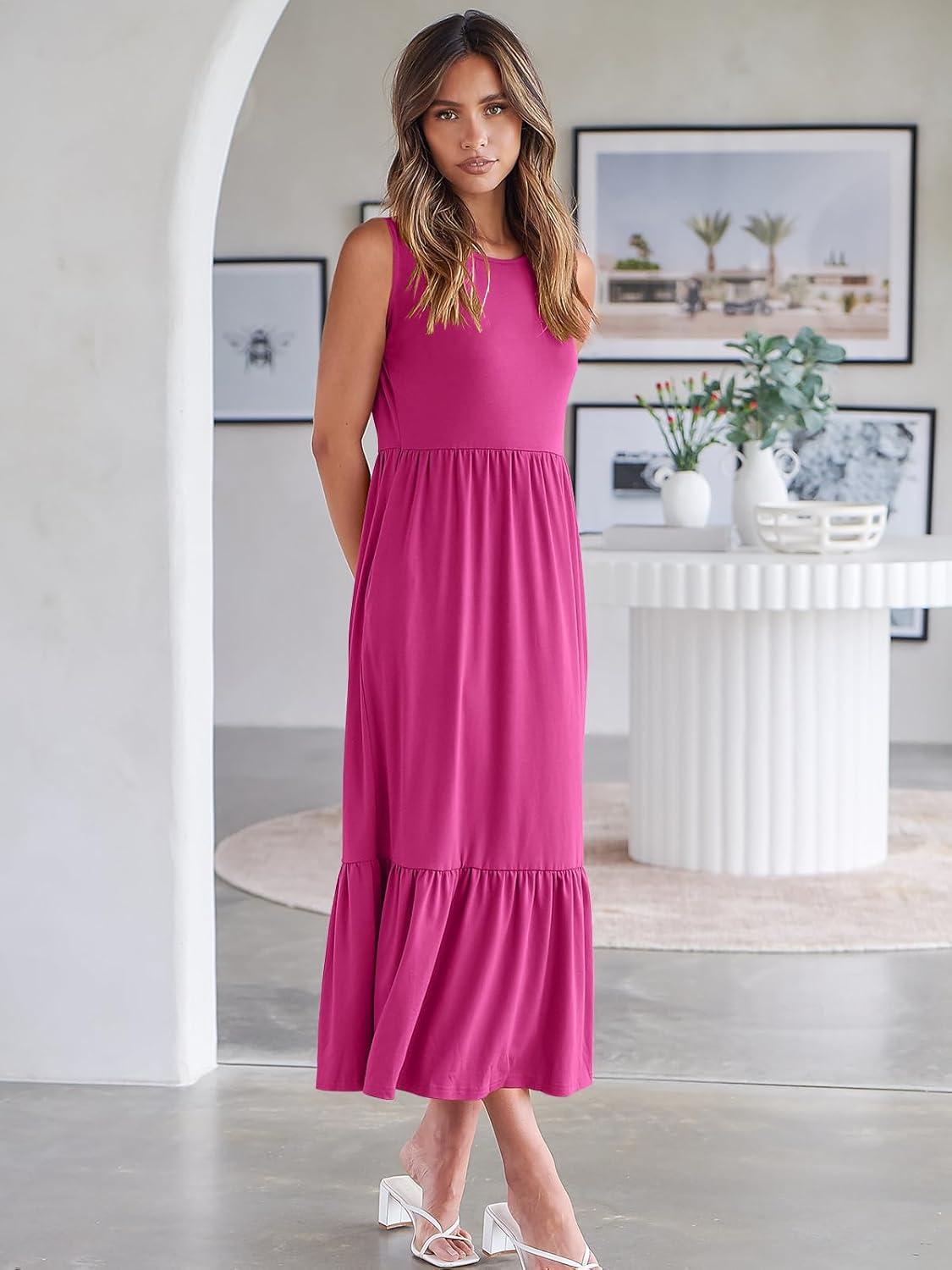 imageANRABESS Women Summer Casual Sleeveless Crewneck Sundress Aline Flowy Tiered Maxi Long Beach Dress Vacation OutfitsHot Pink