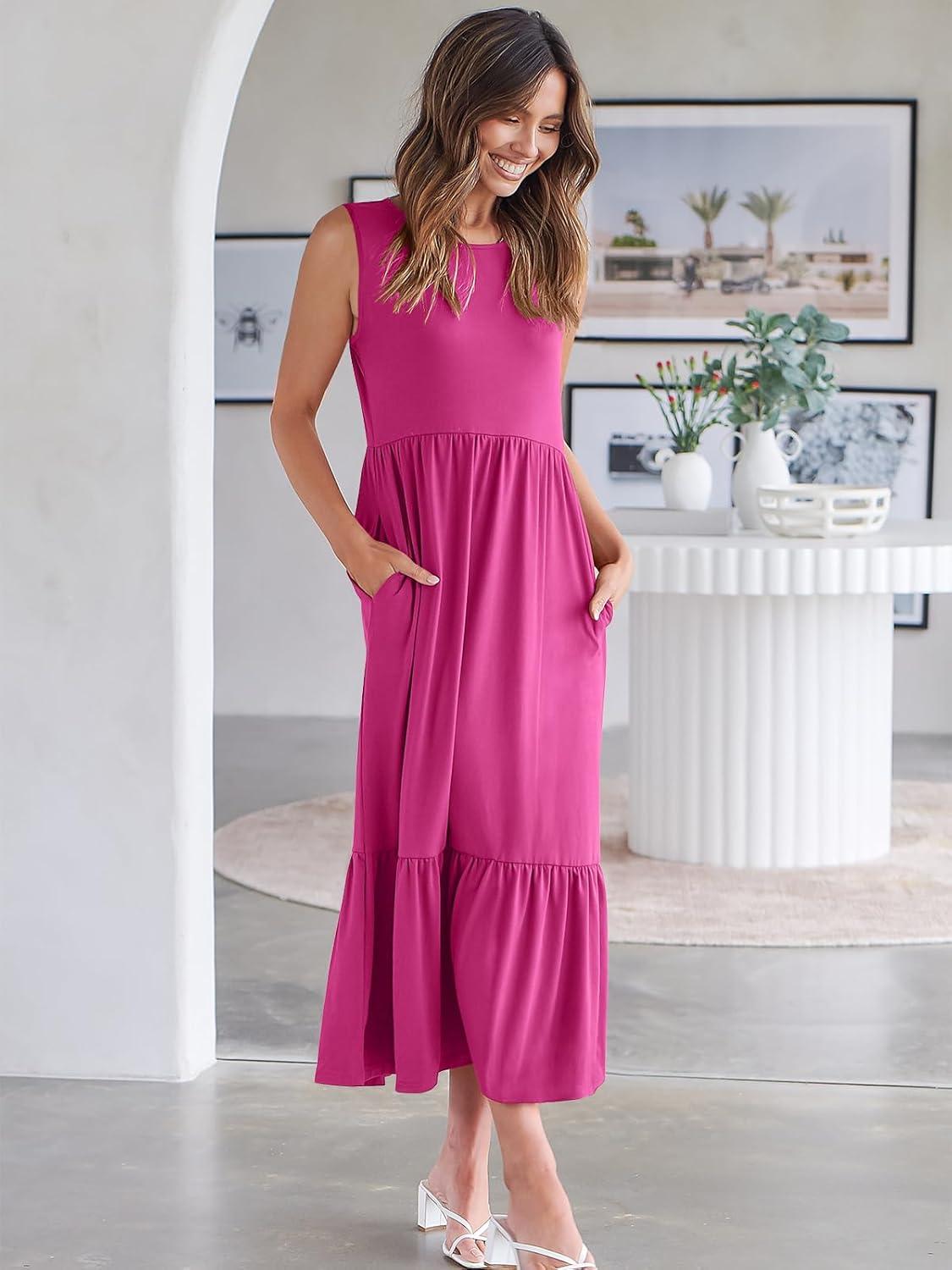 imageANRABESS Women Summer Casual Sleeveless Crewneck Sundress Aline Flowy Tiered Maxi Long Beach Dress Vacation OutfitsHot Pink