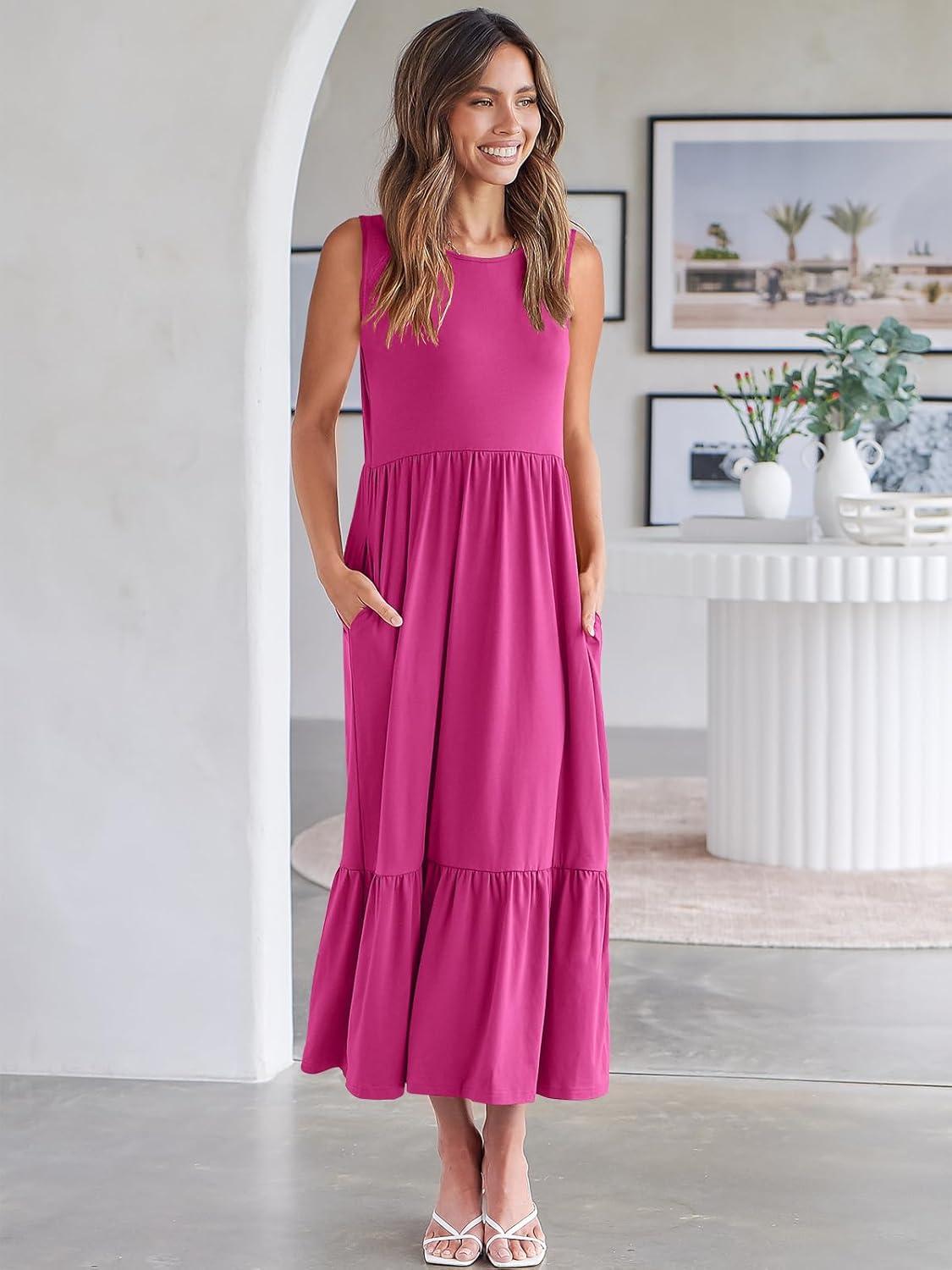 imageANRABESS Women Summer Casual Sleeveless Crewneck Sundress Aline Flowy Tiered Maxi Long Beach Dress Vacation OutfitsHot Pink