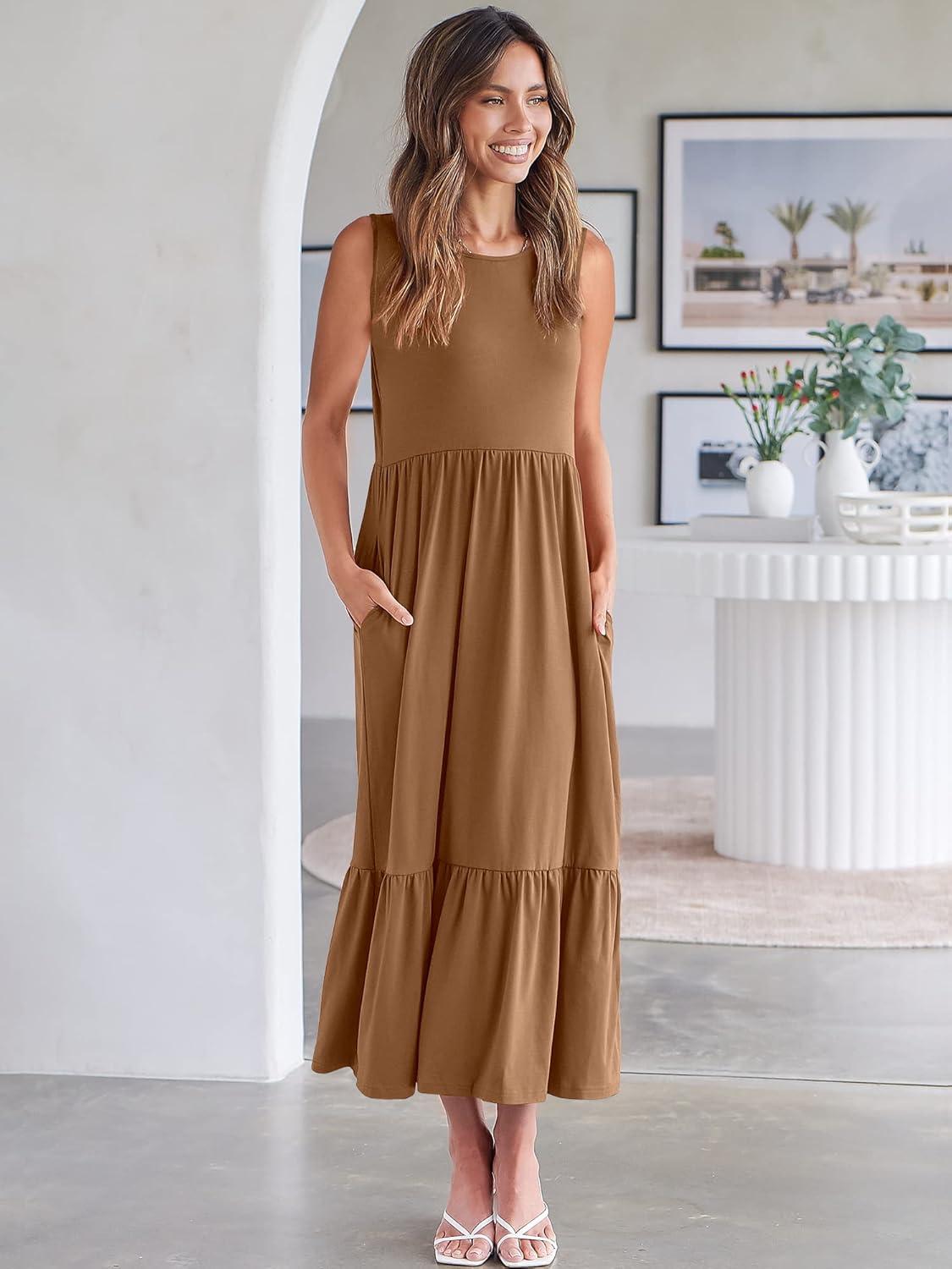 imageANRABESS Women Summer Casual Sleeveless Crewneck Sundress Aline Flowy Tiered Maxi Long Beach Dress Vacation OutfitsKhaki