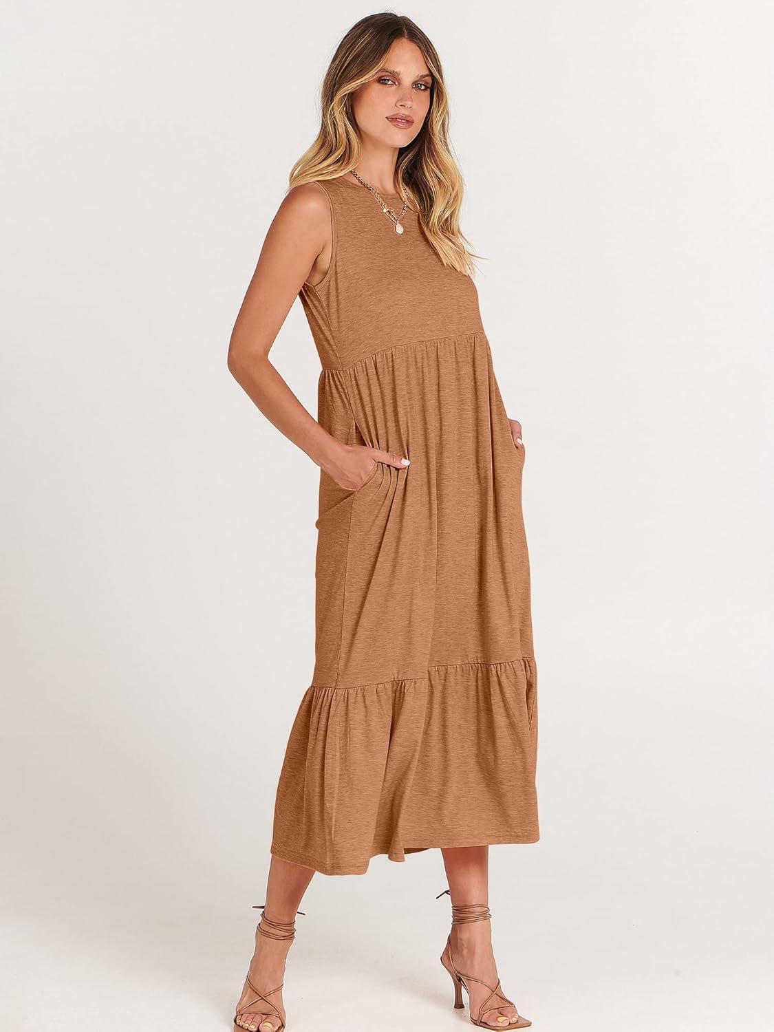 imageANRABESS Women Summer Casual Sleeveless Crewneck Sundress Aline Flowy Tiered Maxi Long Beach Dress Vacation OutfitsLight Rust