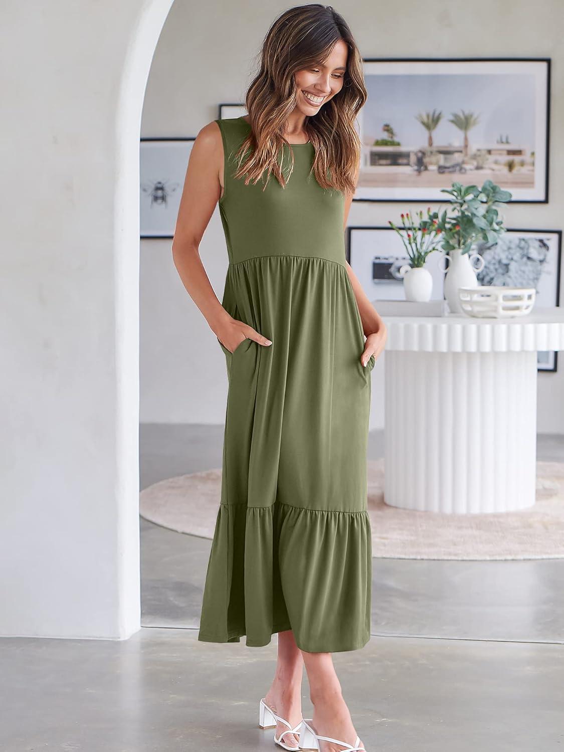 imageANRABESS Women Summer Casual Sleeveless Crewneck Sundress Aline Flowy Tiered Maxi Long Beach Dress Vacation OutfitsOlive