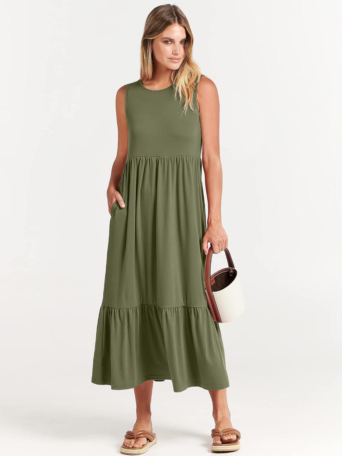 imageANRABESS Women Summer Casual Sleeveless Crewneck Sundress Aline Flowy Tiered Maxi Long Beach Dress Vacation OutfitsOlive