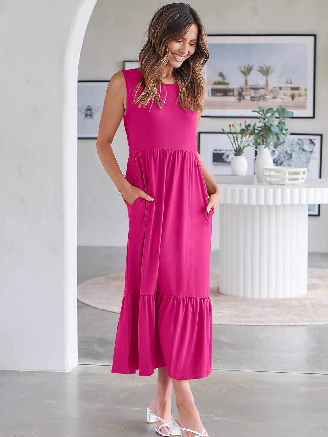imageANRABESS Women Summer Casual Sleeveless Crewneck Sundress Aline Flowy Tiered Maxi Long Beach Dress Vacation OutfitsRose