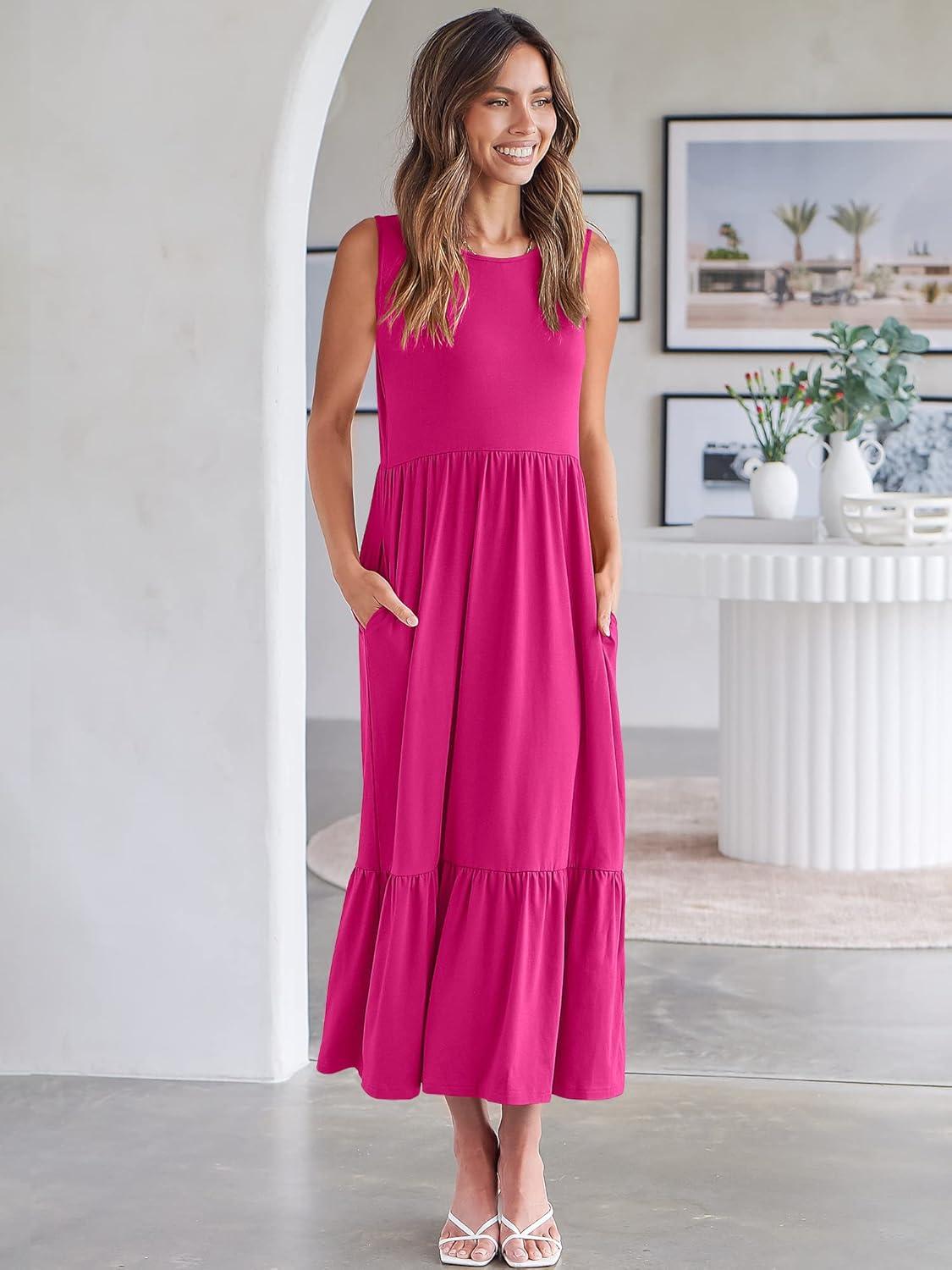 imageANRABESS Women Summer Casual Sleeveless Crewneck Sundress Aline Flowy Tiered Maxi Long Beach Dress Vacation OutfitsRose