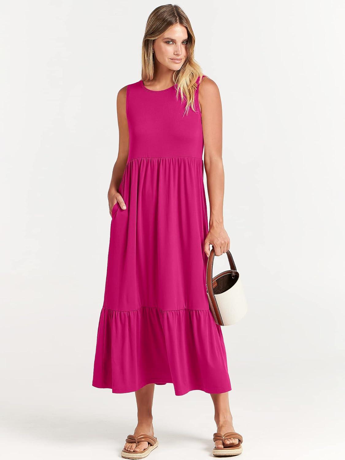 imageANRABESS Women Summer Casual Sleeveless Crewneck Sundress Aline Flowy Tiered Maxi Long Beach Dress Vacation OutfitsRose