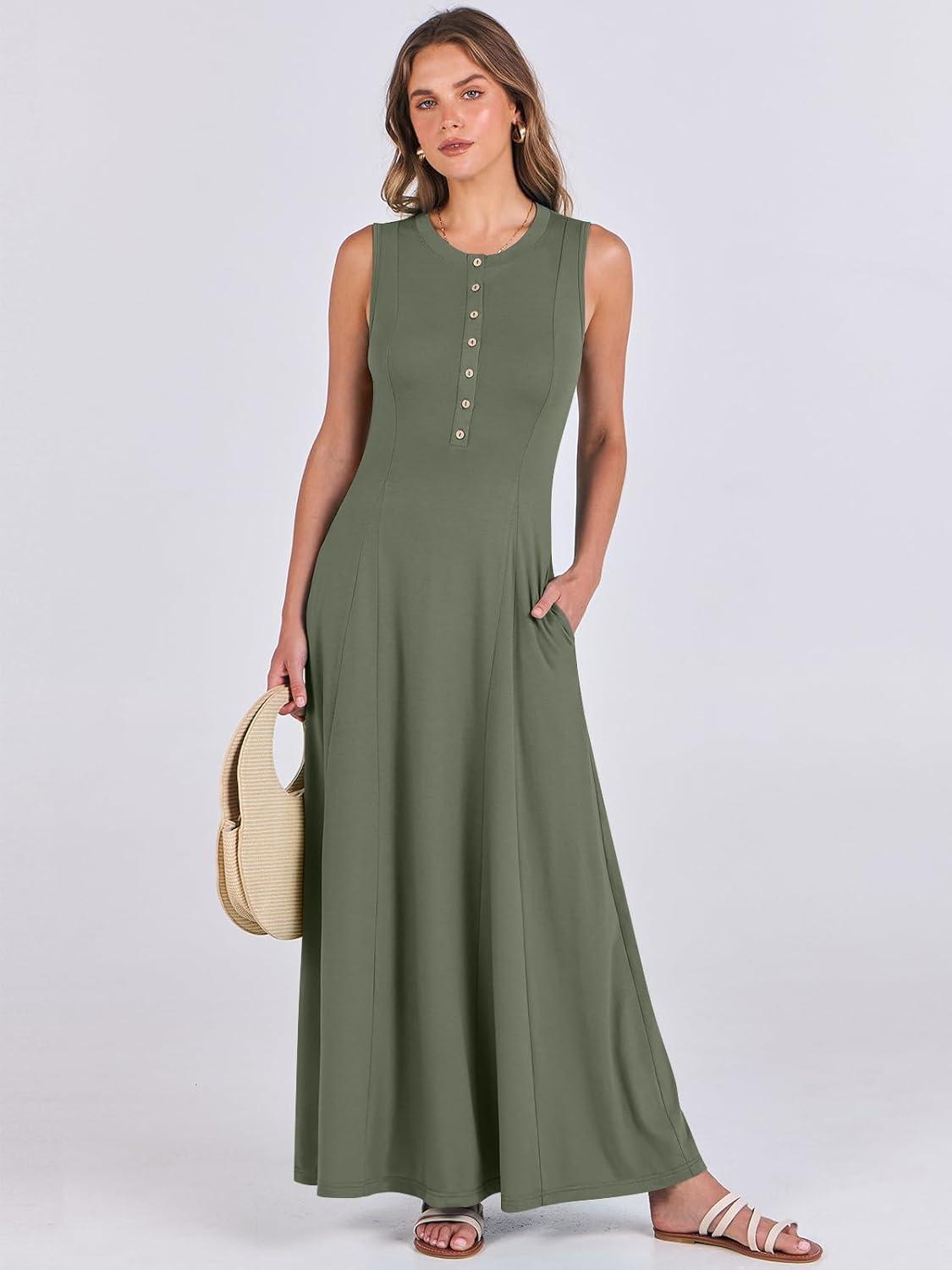 imageANRABESS Women Summer Casual Sleeveless Maxi Sundress Button Fit ampamp Flare ALine Flowy Long Dresses 2025 Beach OutfitsArmy Green
