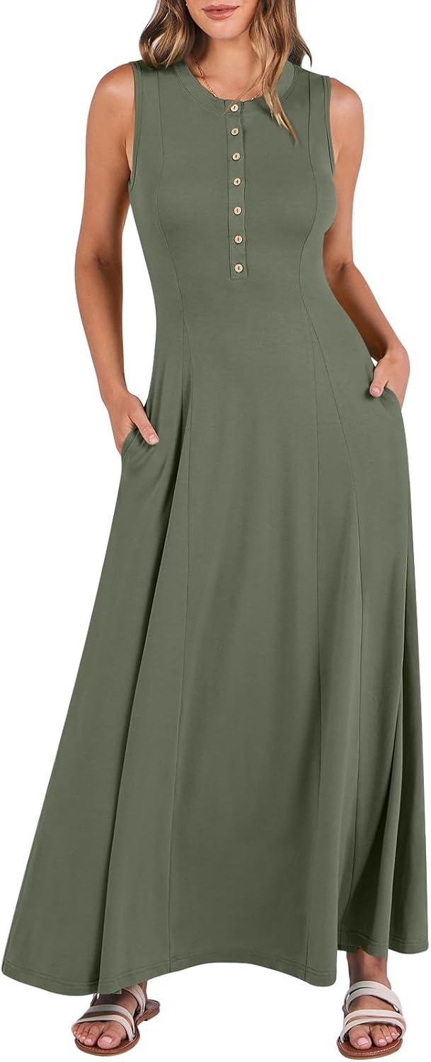 imageANRABESS Women Summer Casual Sleeveless Maxi Sundress Button Fit ampamp Flare ALine Flowy Long Dresses 2025 Beach OutfitsArmy Green