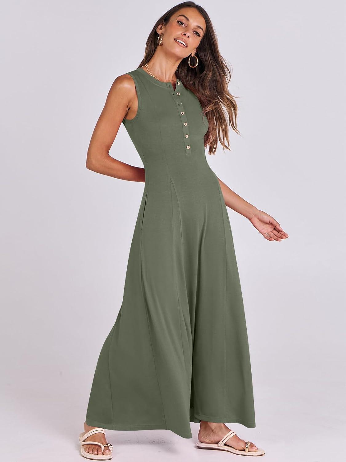 imageANRABESS Women Summer Casual Sleeveless Maxi Sundress Button Fit ampamp Flare ALine Flowy Long Dresses 2025 Beach OutfitsArmy Green
