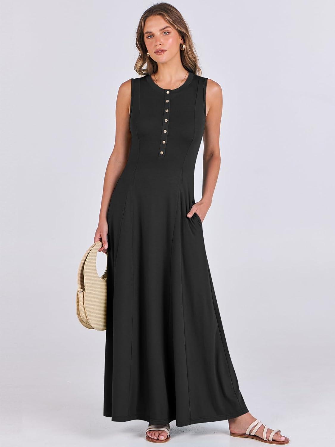 imageANRABESS Women Summer Casual Sleeveless Maxi Sundress Button Fit ampamp Flare ALine Flowy Long Dresses 2025 Beach OutfitsBlack