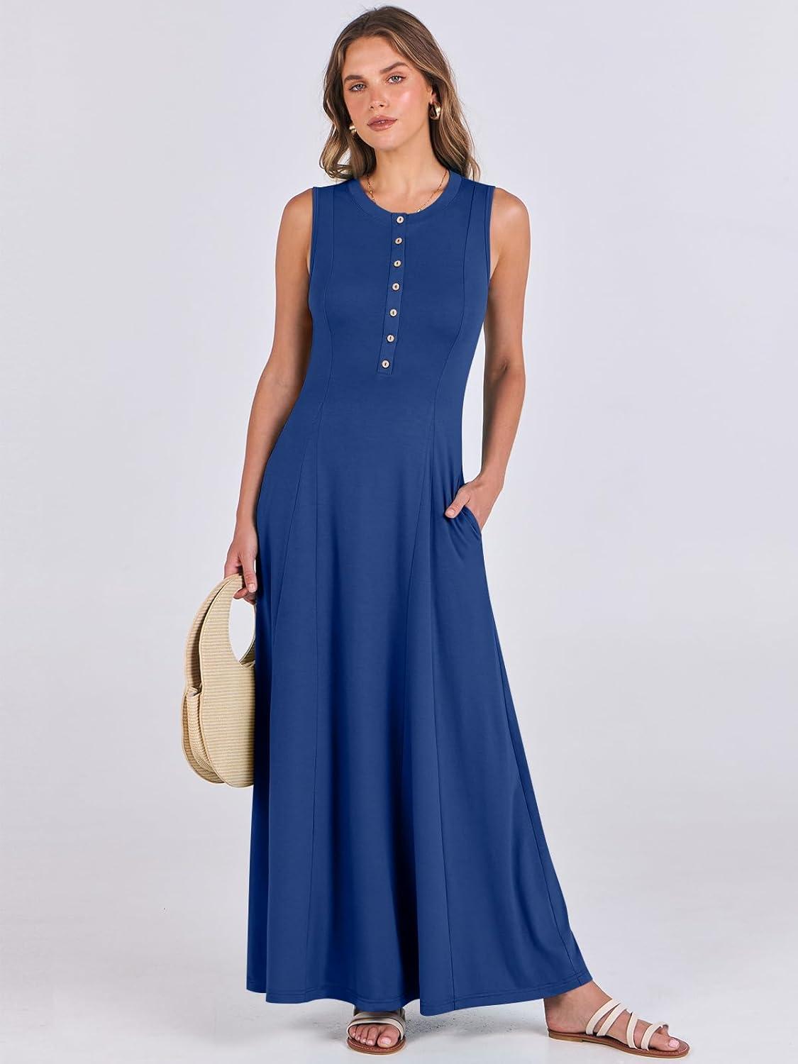 imageANRABESS Women Summer Casual Sleeveless Maxi Sundress Button Fit ampamp Flare ALine Flowy Long Dresses 2025 Beach OutfitsDeep Blue