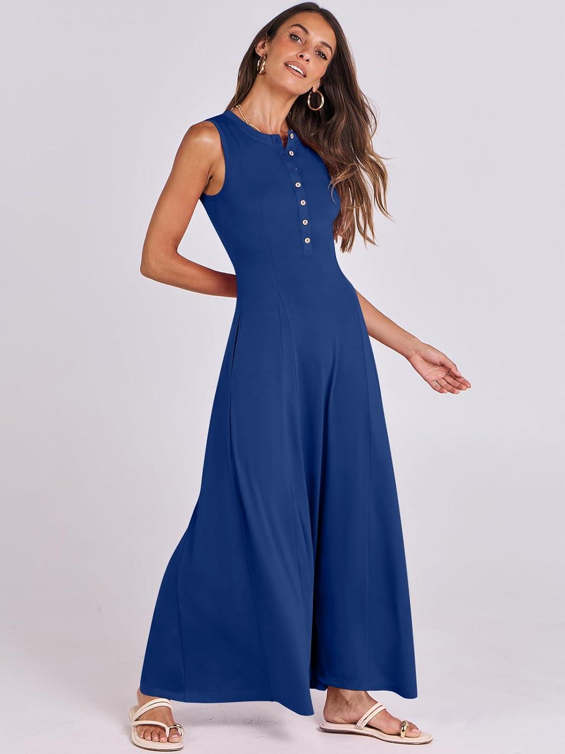 imageANRABESS Women Summer Casual Sleeveless Maxi Sundress Button Fit ampamp Flare ALine Flowy Long Dresses 2025 Beach OutfitsDeep Blue