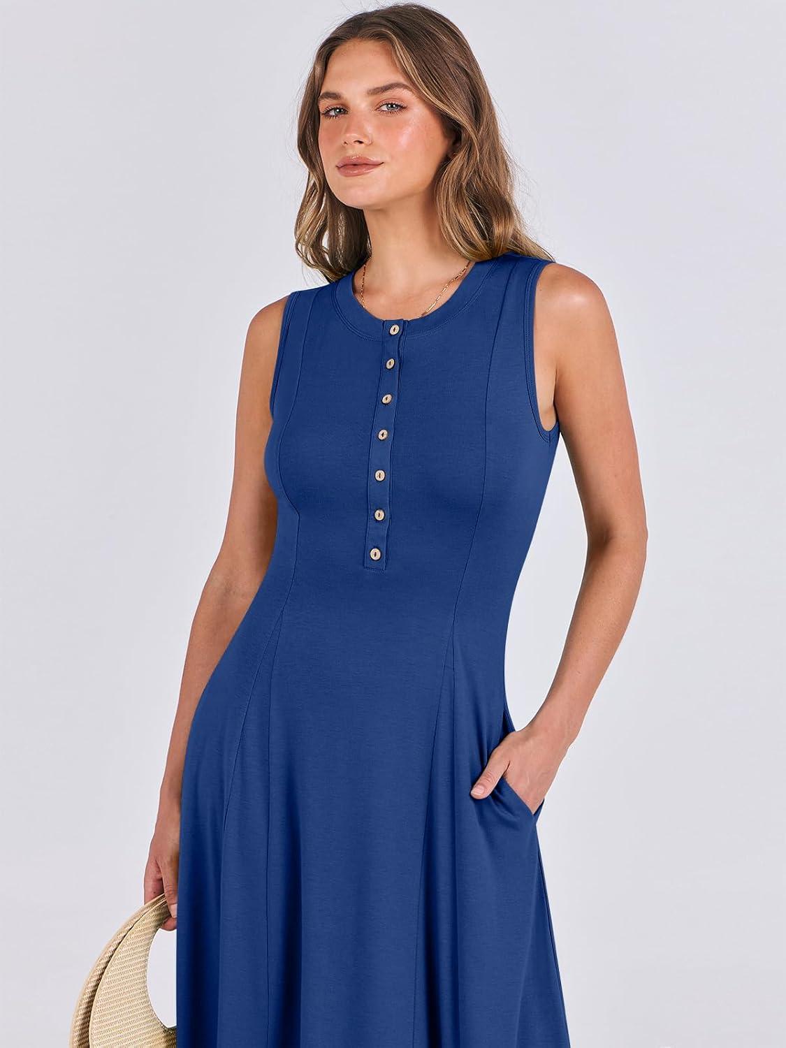 imageANRABESS Women Summer Casual Sleeveless Maxi Sundress Button Fit ampamp Flare ALine Flowy Long Dresses 2025 Beach OutfitsDeep Blue