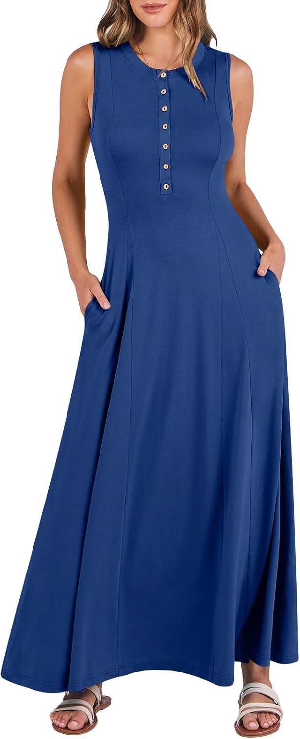 imageANRABESS Women Summer Casual Sleeveless Maxi Sundress Button Fit ampamp Flare ALine Flowy Long Dresses 2025 Beach OutfitsDeep Blue
