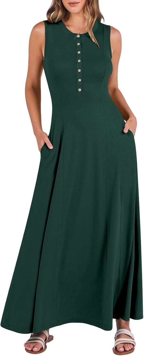 imageANRABESS Women Summer Casual Sleeveless Maxi Sundress Button Fit ampamp Flare ALine Flowy Long Dresses 2025 Beach OutfitsDeep Green
