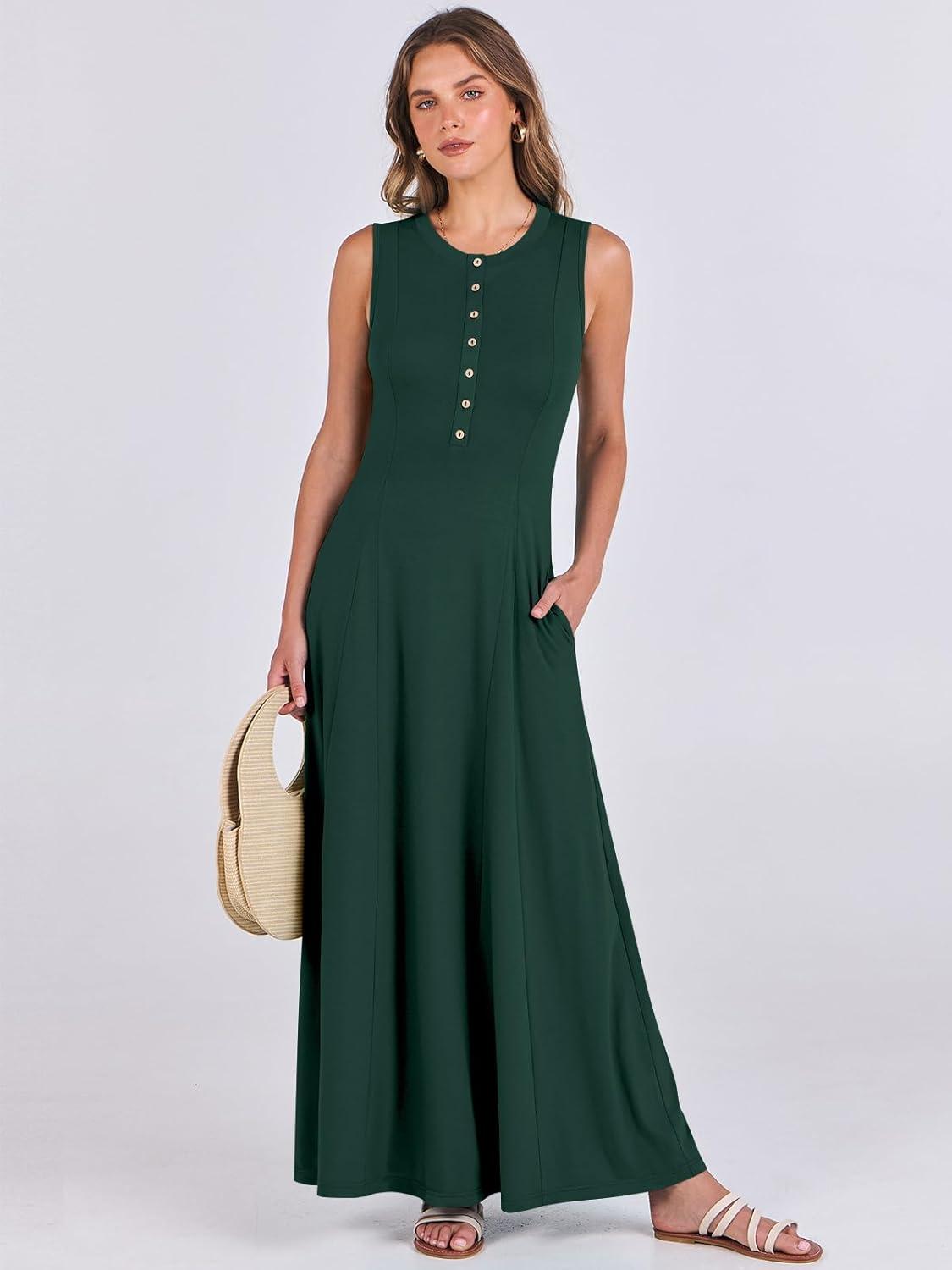imageANRABESS Women Summer Casual Sleeveless Maxi Sundress Button Fit ampamp Flare ALine Flowy Long Dresses 2025 Beach OutfitsDeep Green