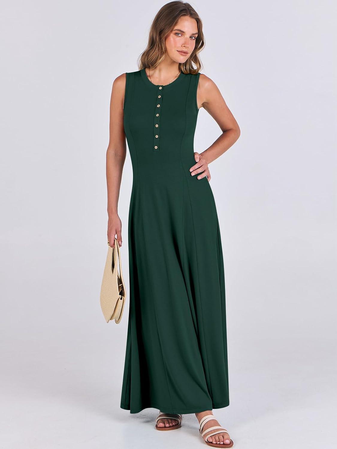 imageANRABESS Women Summer Casual Sleeveless Maxi Sundress Button Fit ampamp Flare ALine Flowy Long Dresses 2025 Beach OutfitsDeep Green