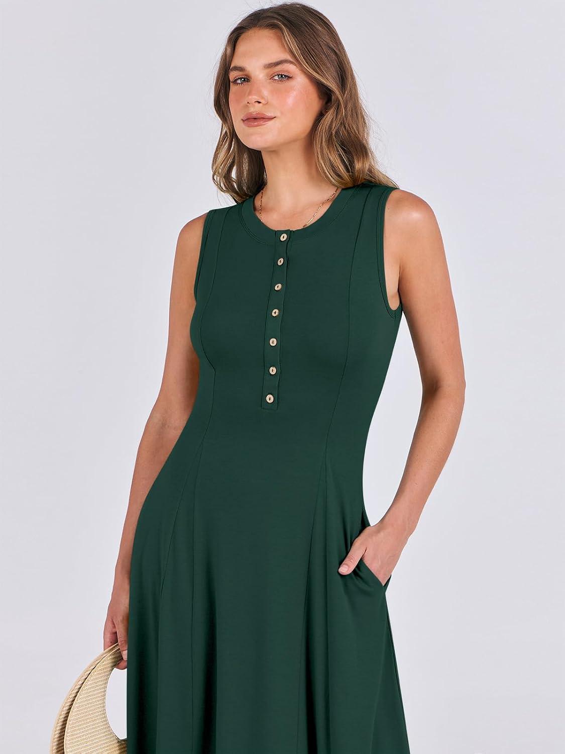 imageANRABESS Women Summer Casual Sleeveless Maxi Sundress Button Fit ampamp Flare ALine Flowy Long Dresses 2025 Beach OutfitsDeep Green
