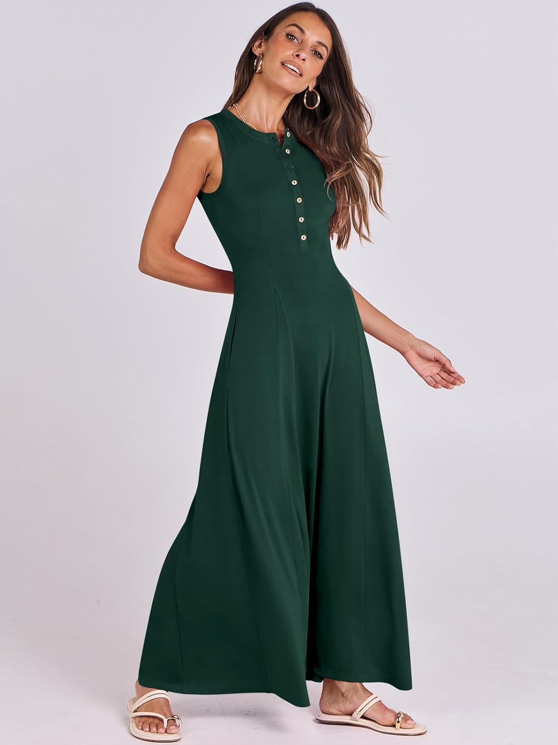 imageANRABESS Women Summer Casual Sleeveless Maxi Sundress Button Fit ampamp Flare ALine Flowy Long Dresses 2025 Beach OutfitsDeep Green