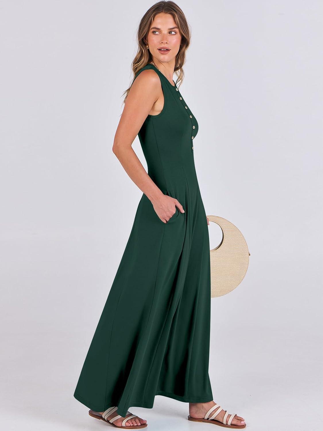 imageANRABESS Women Summer Casual Sleeveless Maxi Sundress Button Fit ampamp Flare ALine Flowy Long Dresses 2025 Beach OutfitsDeep Green