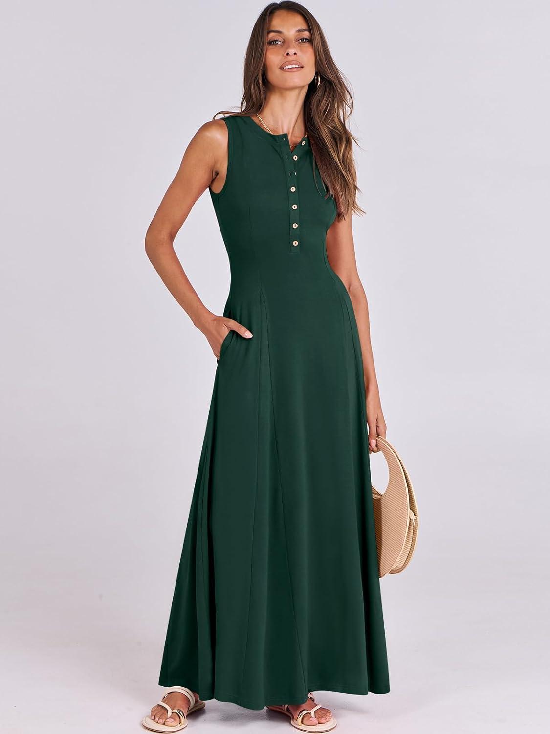 imageANRABESS Women Summer Casual Sleeveless Maxi Sundress Button Fit ampamp Flare ALine Flowy Long Dresses 2025 Beach OutfitsDeep Green