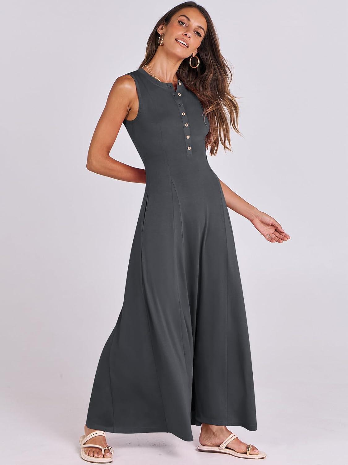 imageANRABESS Women Summer Casual Sleeveless Maxi Sundress Button Fit ampamp Flare ALine Flowy Long Dresses 2025 Beach OutfitsGray Blue
