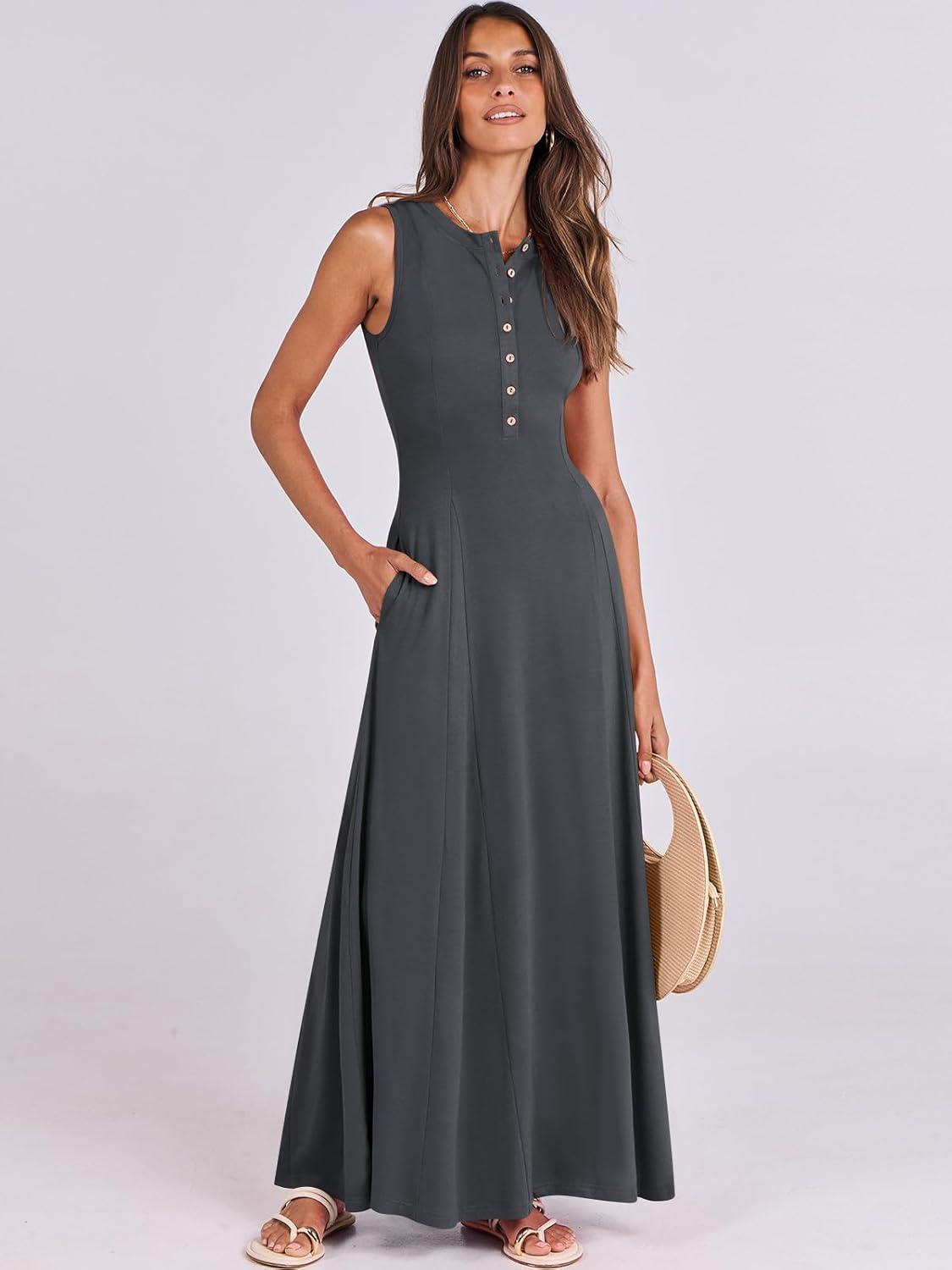 imageANRABESS Women Summer Casual Sleeveless Maxi Sundress Button Fit ampamp Flare ALine Flowy Long Dresses 2025 Beach OutfitsGray Blue