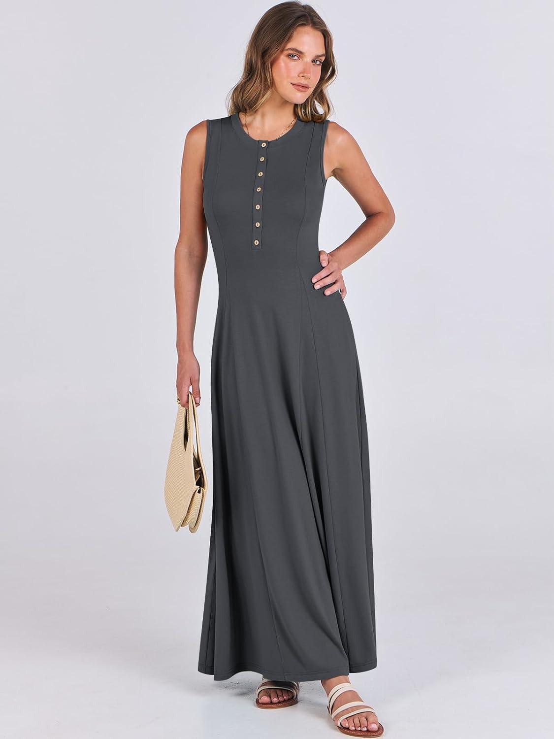 imageANRABESS Women Summer Casual Sleeveless Maxi Sundress Button Fit ampamp Flare ALine Flowy Long Dresses 2025 Beach OutfitsGray Blue