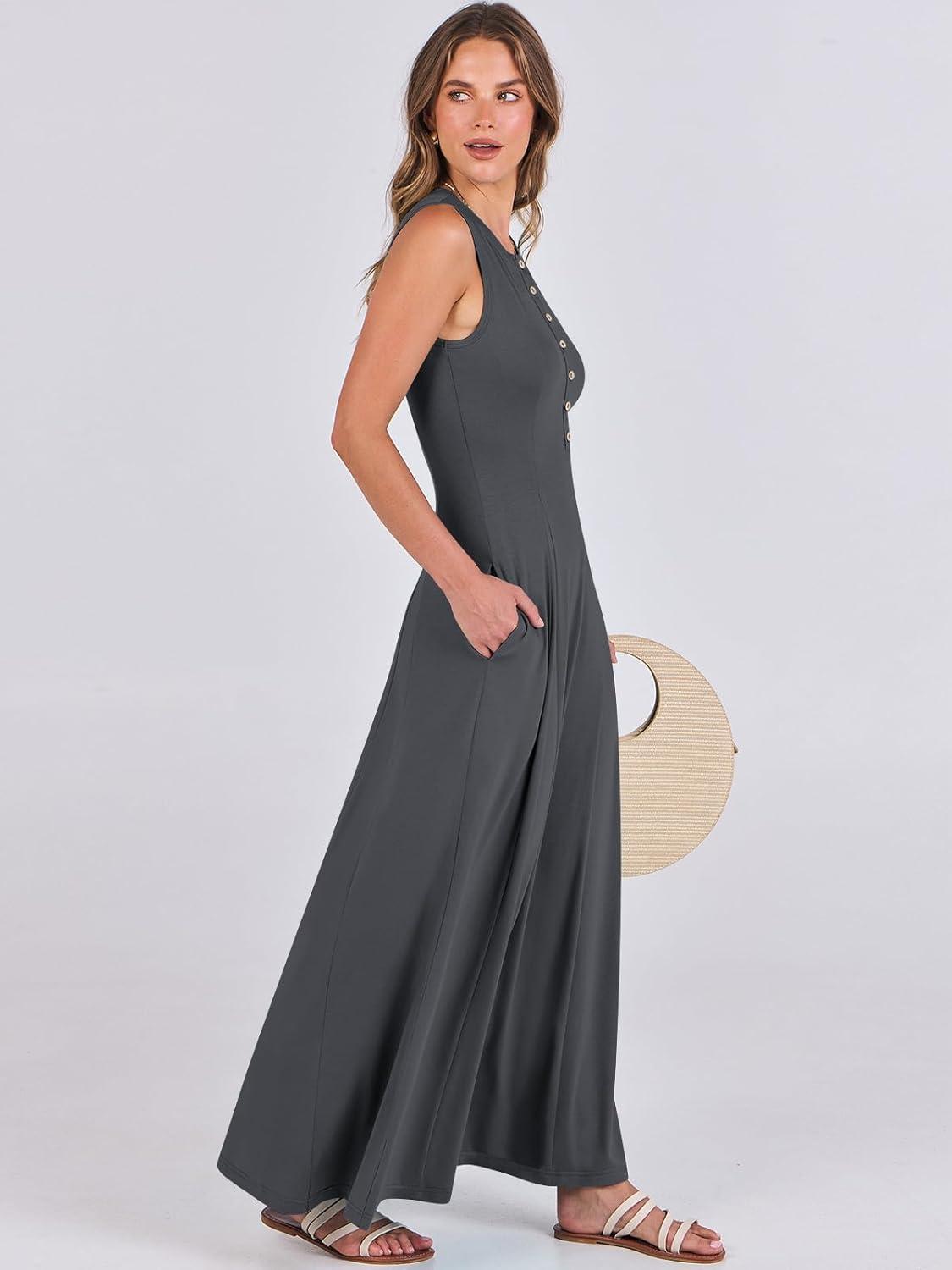 imageANRABESS Women Summer Casual Sleeveless Maxi Sundress Button Fit ampamp Flare ALine Flowy Long Dresses 2025 Beach OutfitsGray Blue