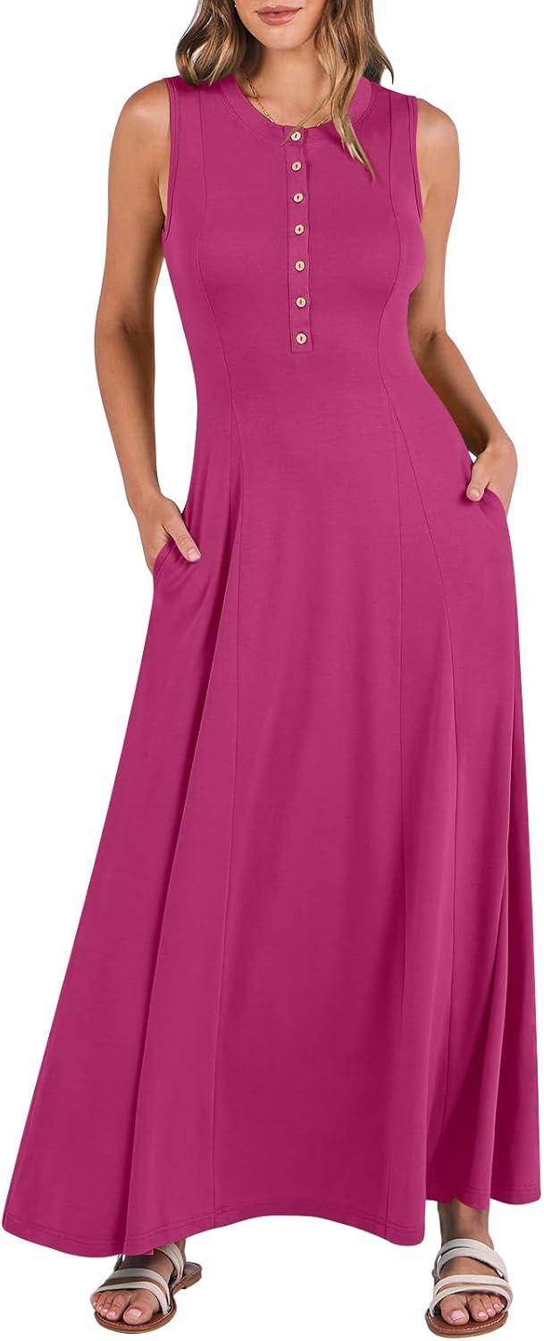 imageANRABESS Women Summer Casual Sleeveless Maxi Sundress Button Fit ampamp Flare ALine Flowy Long Dresses 2025 Beach OutfitsHot Pink