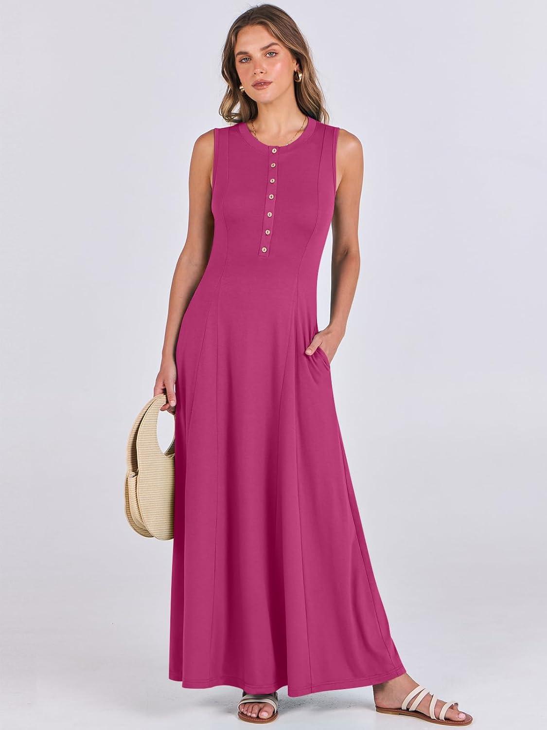 imageANRABESS Women Summer Casual Sleeveless Maxi Sundress Button Fit ampamp Flare ALine Flowy Long Dresses 2025 Beach OutfitsHot Pink