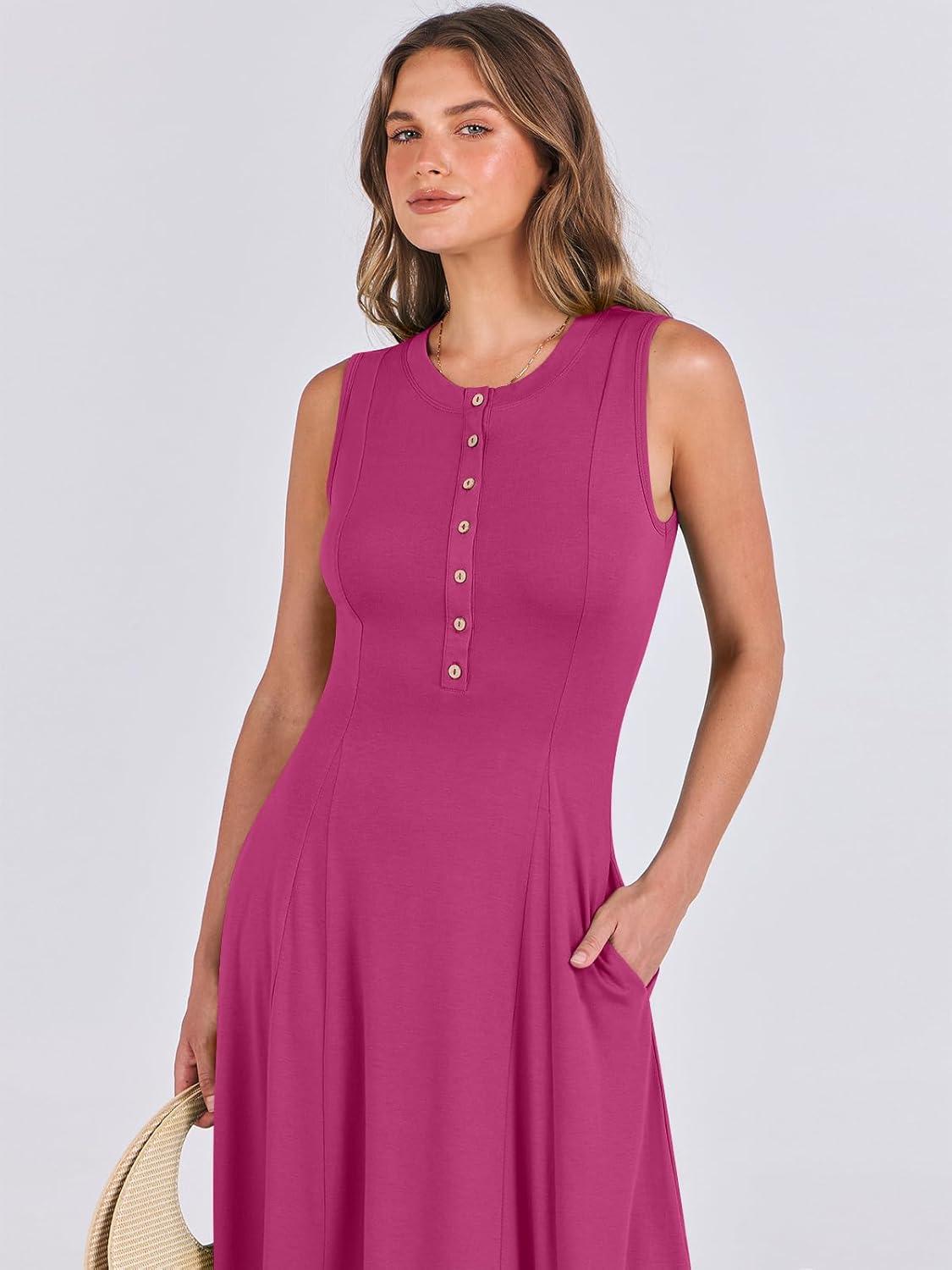 imageANRABESS Women Summer Casual Sleeveless Maxi Sundress Button Fit ampamp Flare ALine Flowy Long Dresses 2025 Beach OutfitsHot Pink